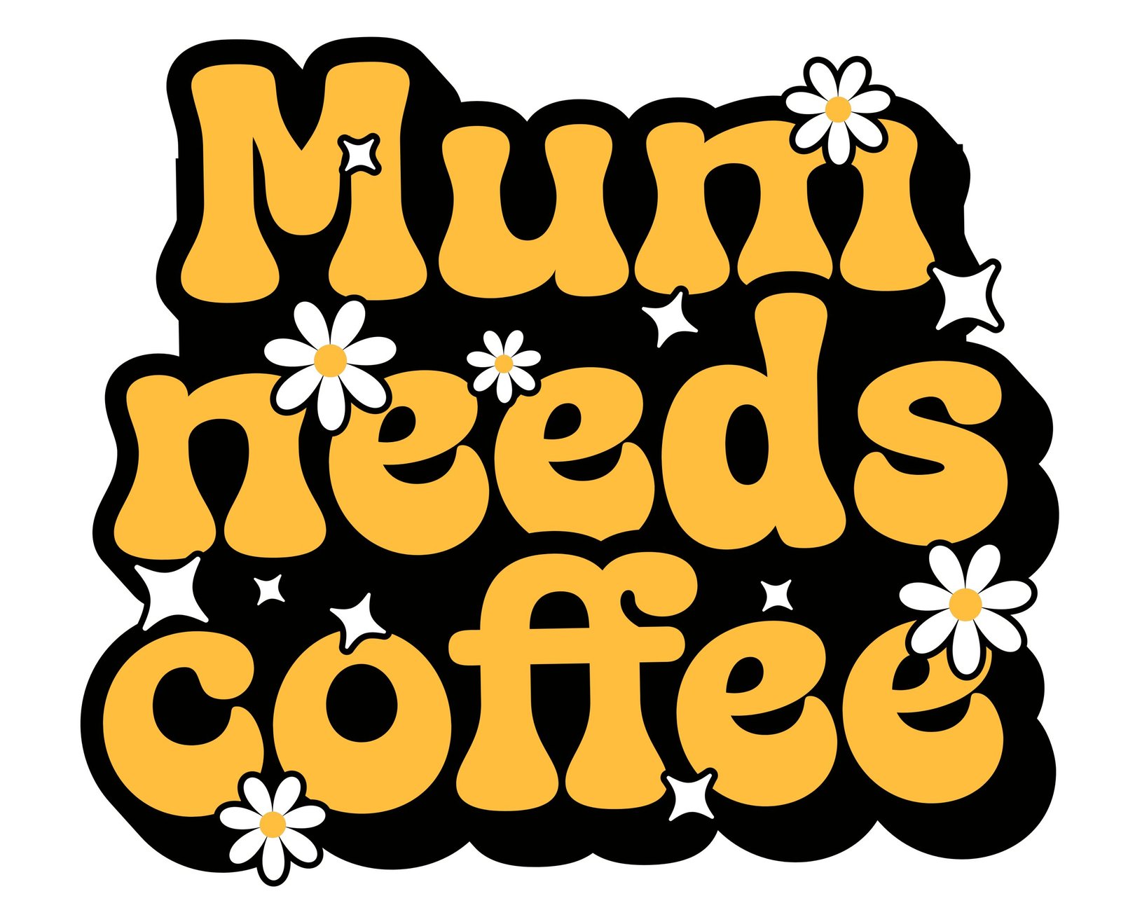Mum needs coffee t shirt design featuring retro yellow bubble lettering with daisy and star accents on a black background.