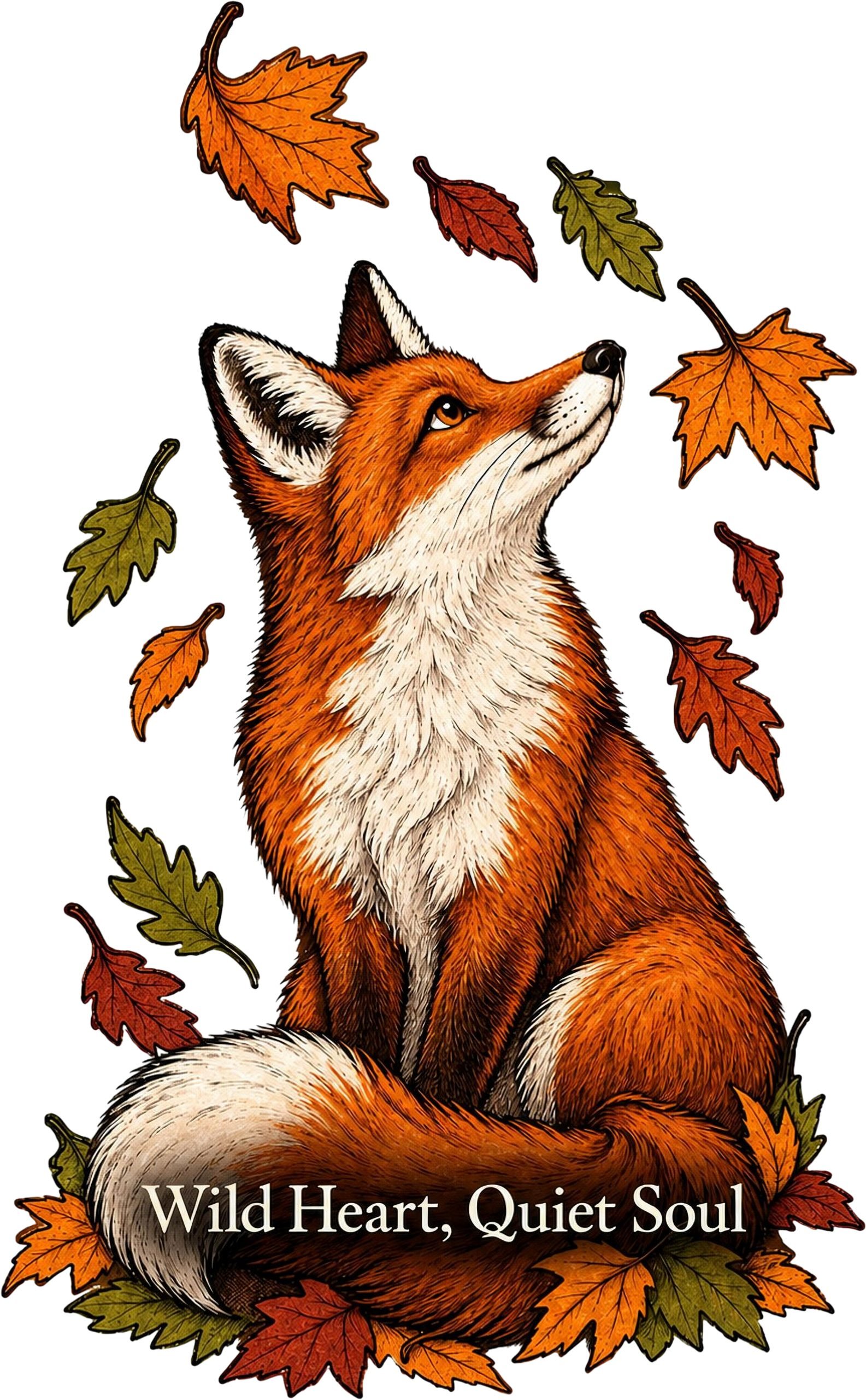 Wild Heart Quiet Soul Fox T‑Shirt design featuring an autumn fox with falling leaves.