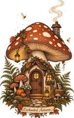 enchanted autumn t shirt design with mushroom house, pumpkins and autumn leaves
