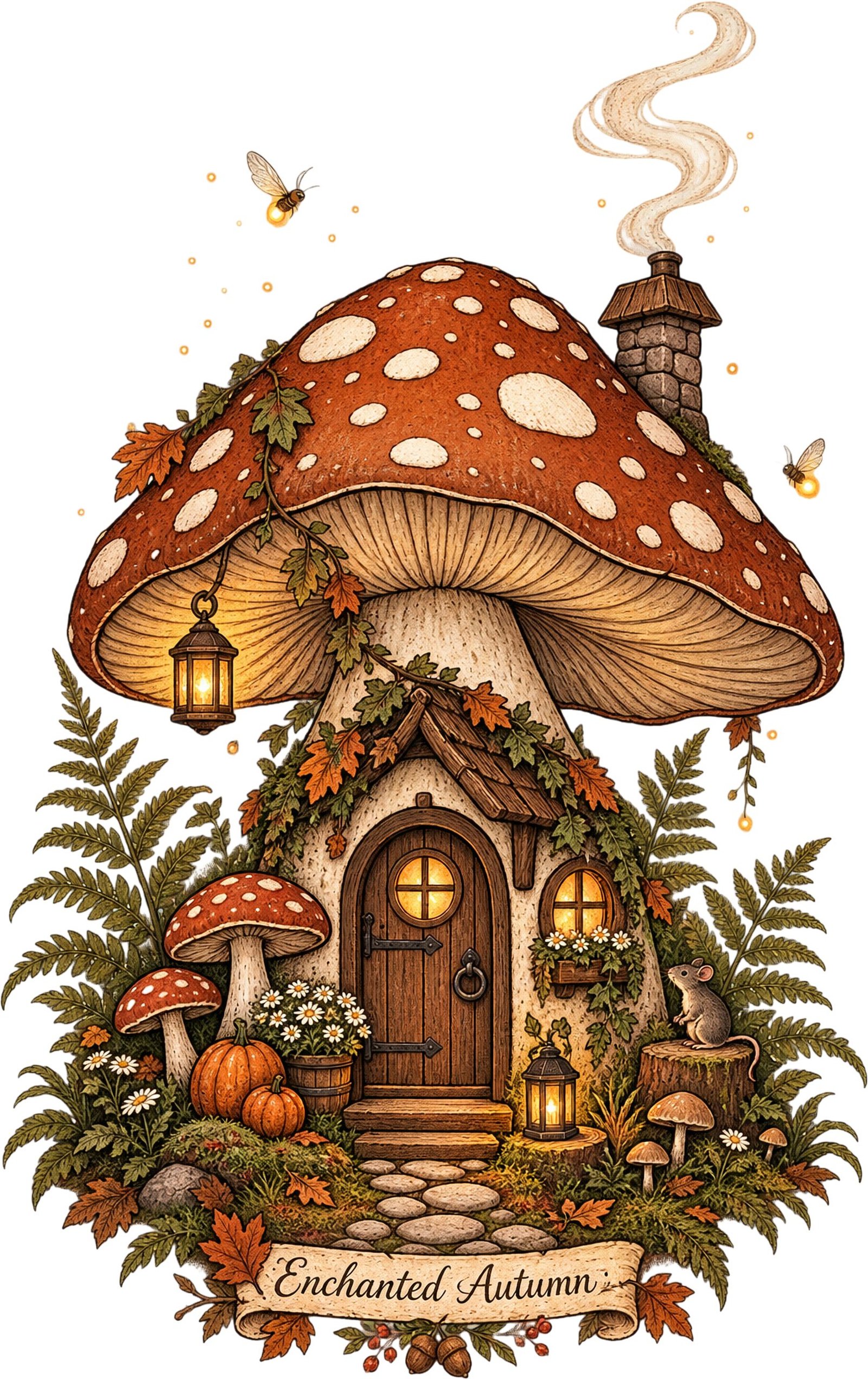 enchanted autumn t shirt design with mushroom house, pumpkins and autumn leaves