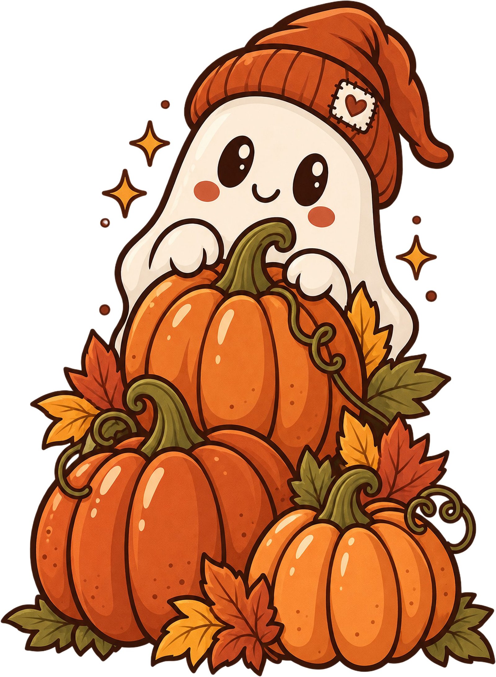 Autumn Ghost T‑shirt design featuring a cute ghost and pumpkins.