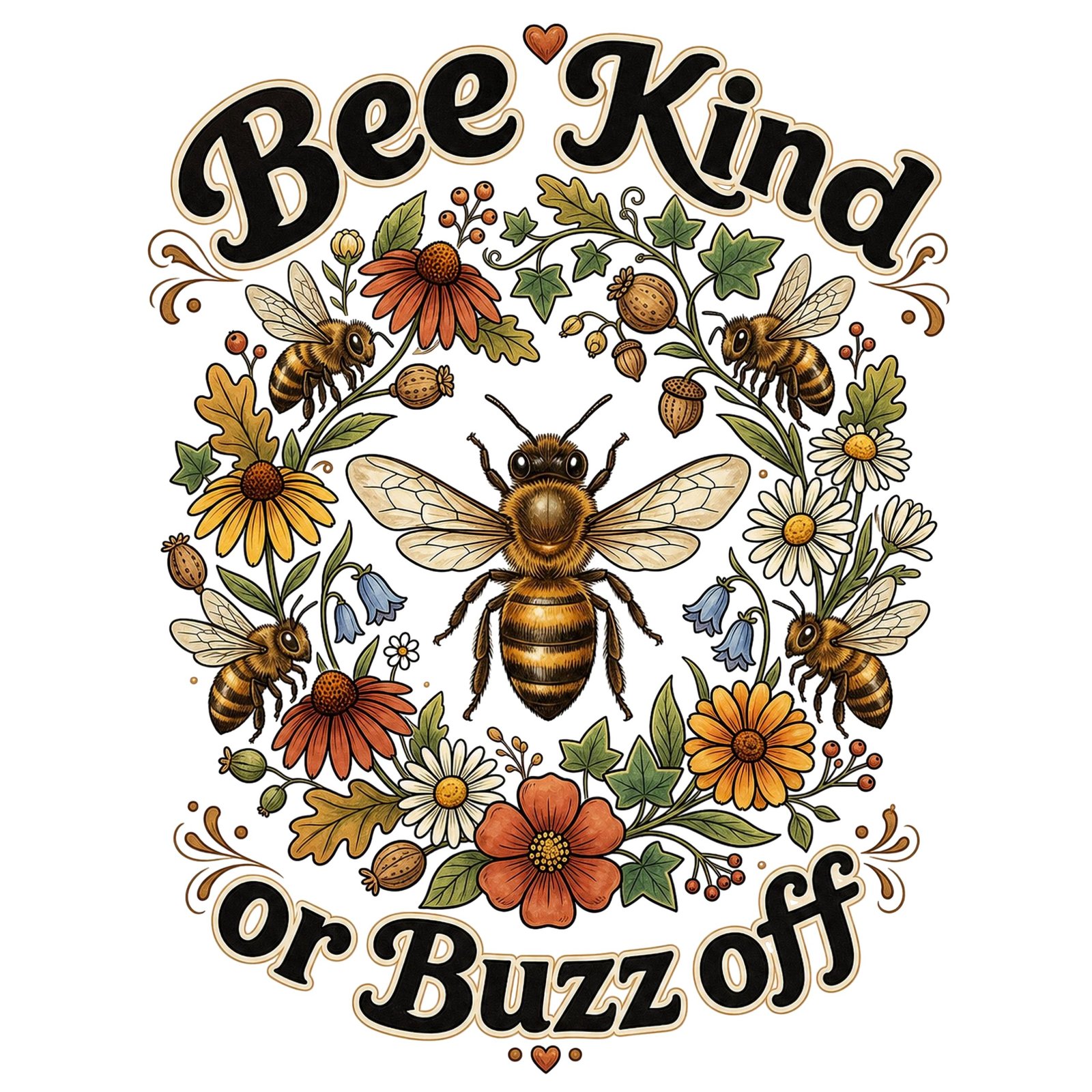 bee kind or buzz off t shirt design with colourful bees and flowers