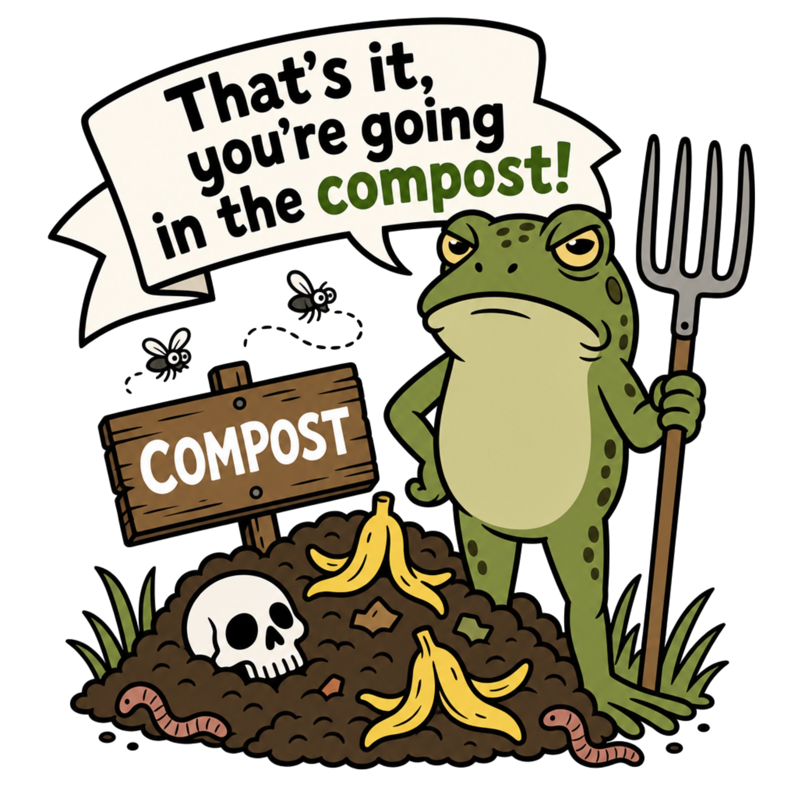 Cartoon frog holding a pitchfork beside a compost pile with a speech bubble saying “That’s it, you’re going in the compost!”