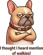 Unimpressed French Bulldog with crossed paws and the text I Thought I Heard Mention of Walkies.