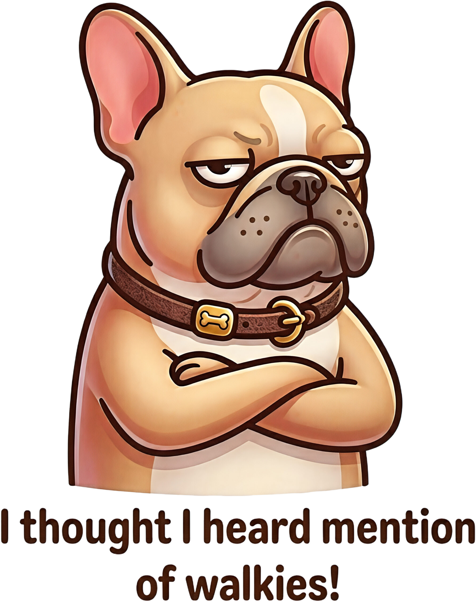 Unimpressed French Bulldog with crossed paws and the text I Thought I Heard Mention of Walkies.