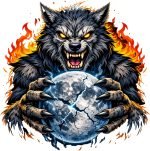 Fiery werewolf gripping a cracked glowing moon with blue energy and flames in the background.