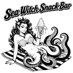 Sea Witch Snack Bar t‑shirt shown in a flat‑lay mockup featuring sea witch with octopus tentacles and ice cream.