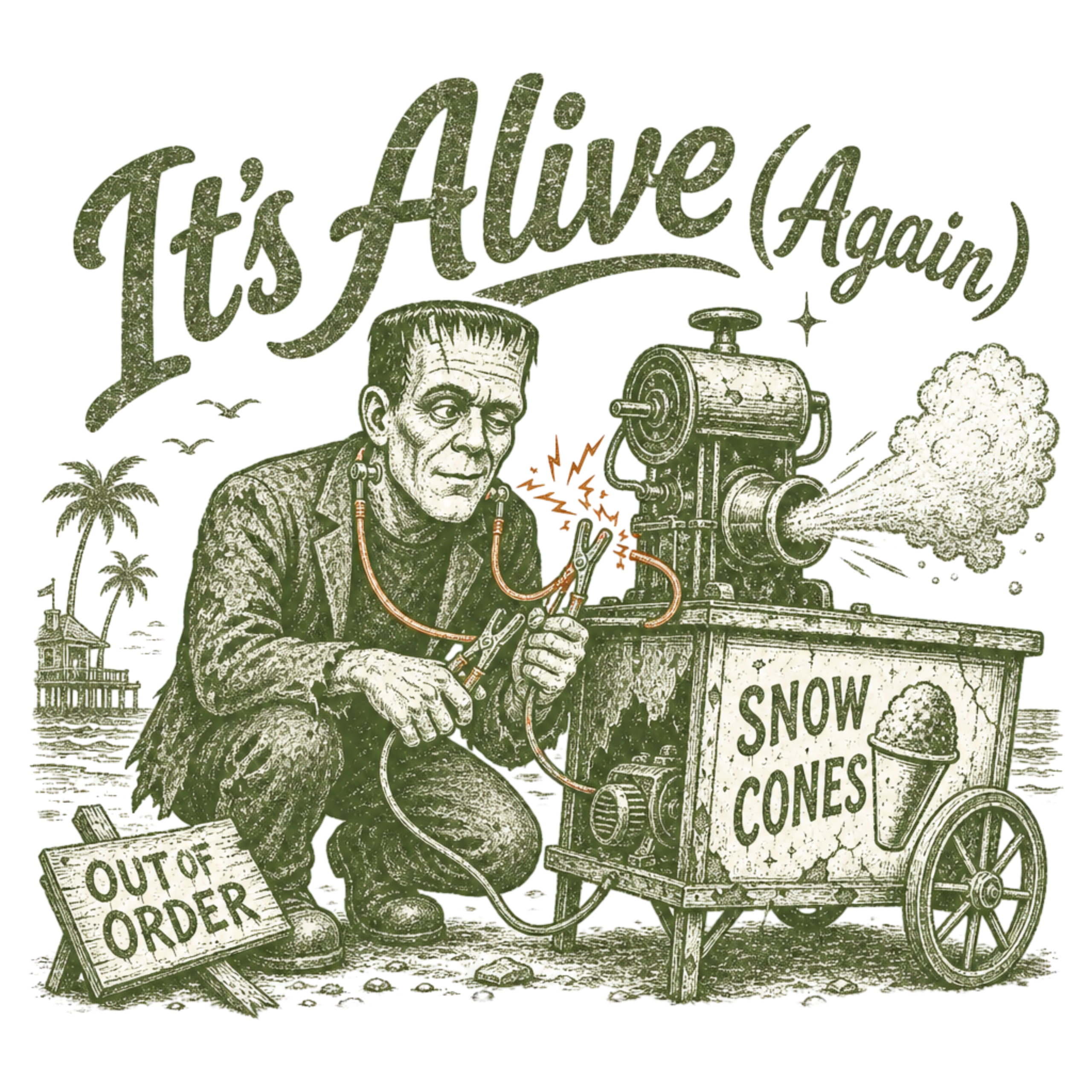 Frankenstein snow cone t‑shirt design showing Frankenstein jump‑starting an out‑of‑order snow cone machine with the text It’s Alive (Again).