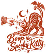 Skeletal spooky cat with bat on its tail, crescent moon and stars, with the text Boop the Spooky Kitty.