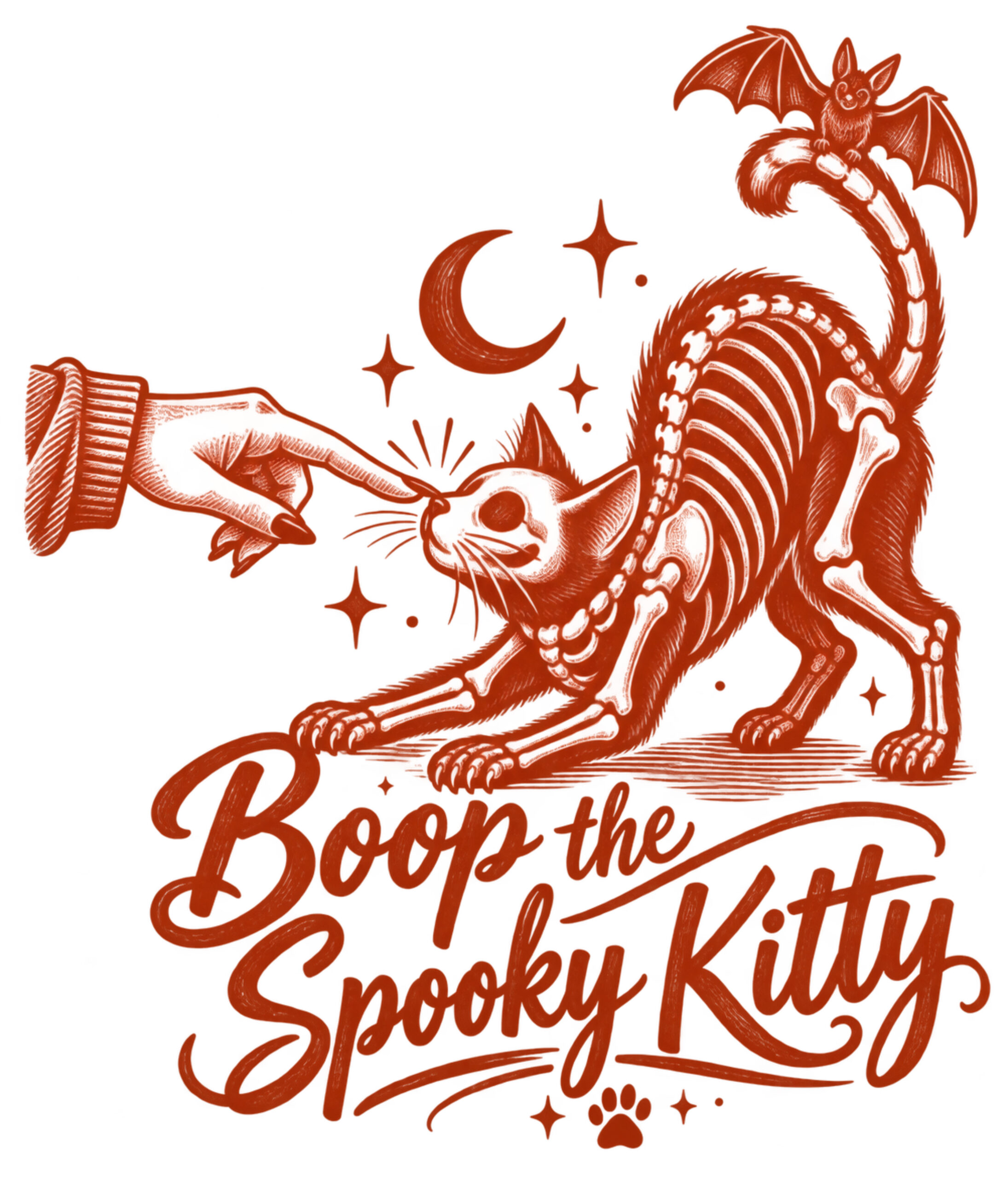 Skeletal spooky cat with bat on its tail, crescent moon and stars, with the text Boop the Spooky Kitty.