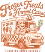 Summerween mummy ice cream t‑shirt design showing a mummy driving an ice‑cream truck with Frozen Treats & Ancient Curses artwork.