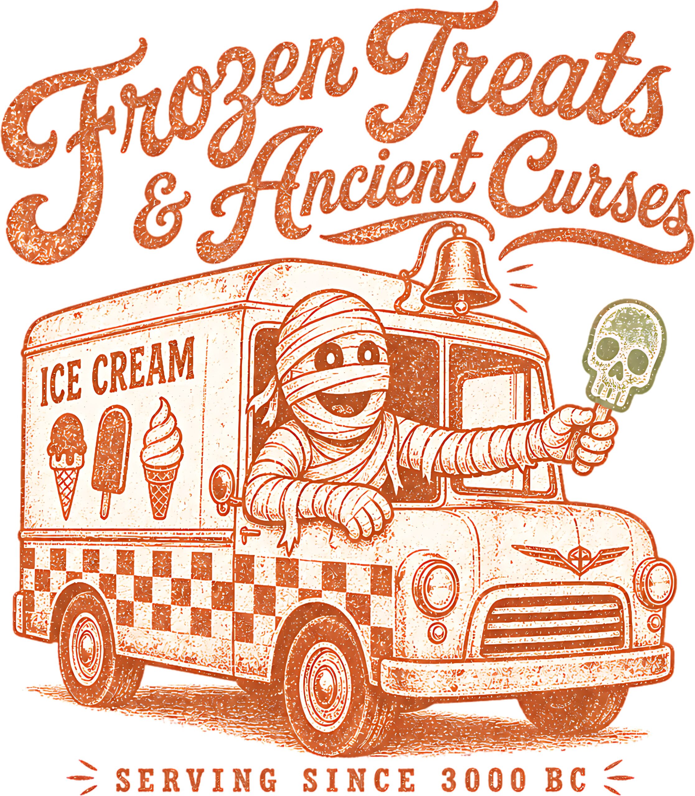 Summerween mummy ice cream t‑shirt design showing a mummy driving an ice‑cream truck with Frozen Treats & Ancient Curses artwork.