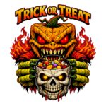 Fiery Halloween pumpkin monster print holding a skull candy bowl with bold “Trick or Treat” text.