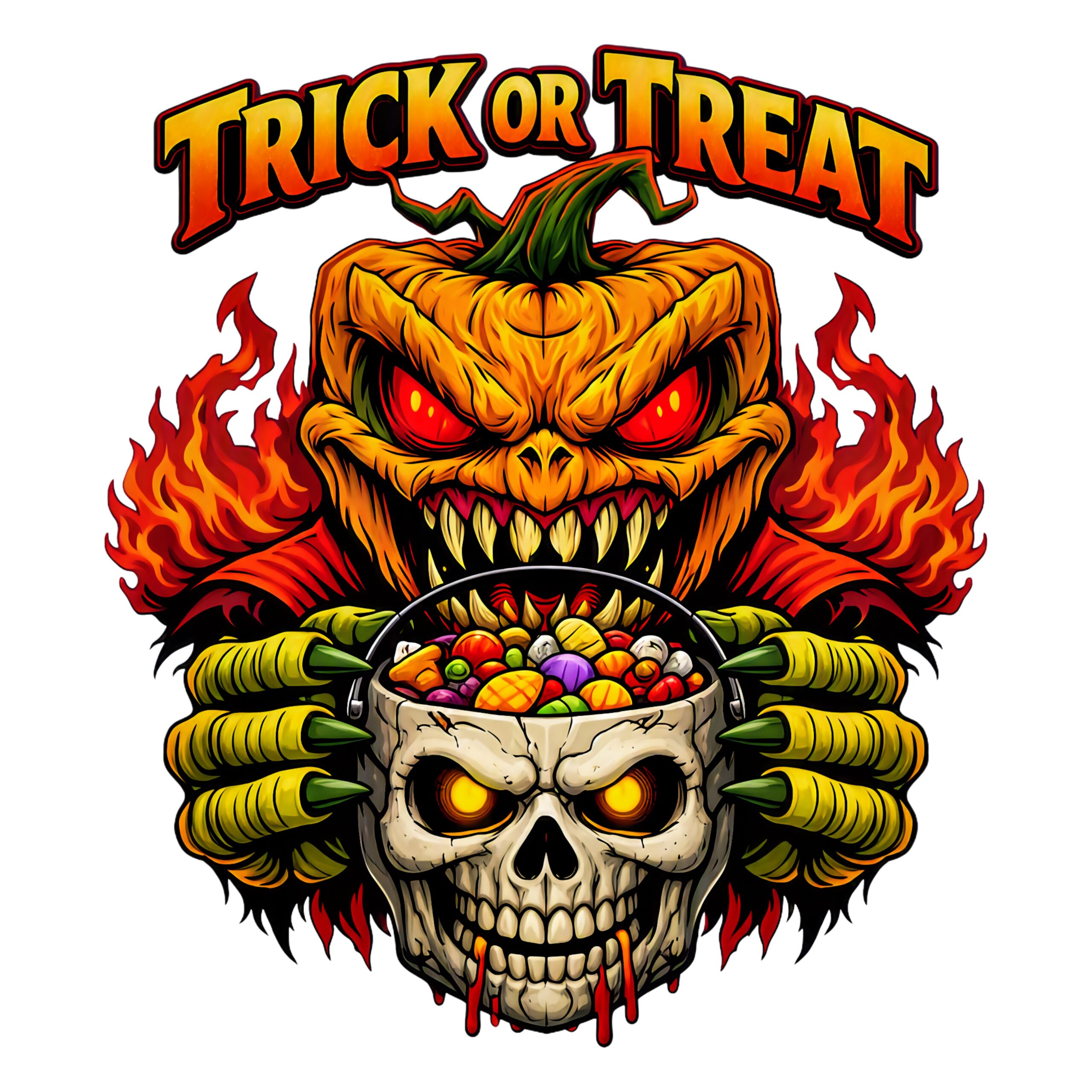 Fiery Halloween pumpkin monster print holding a skull candy bowl with bold “Trick or Treat” text.