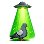 Cartoon grey pigeon standing calmly under a bright green UFO abduction beam from a hovering flying saucer.