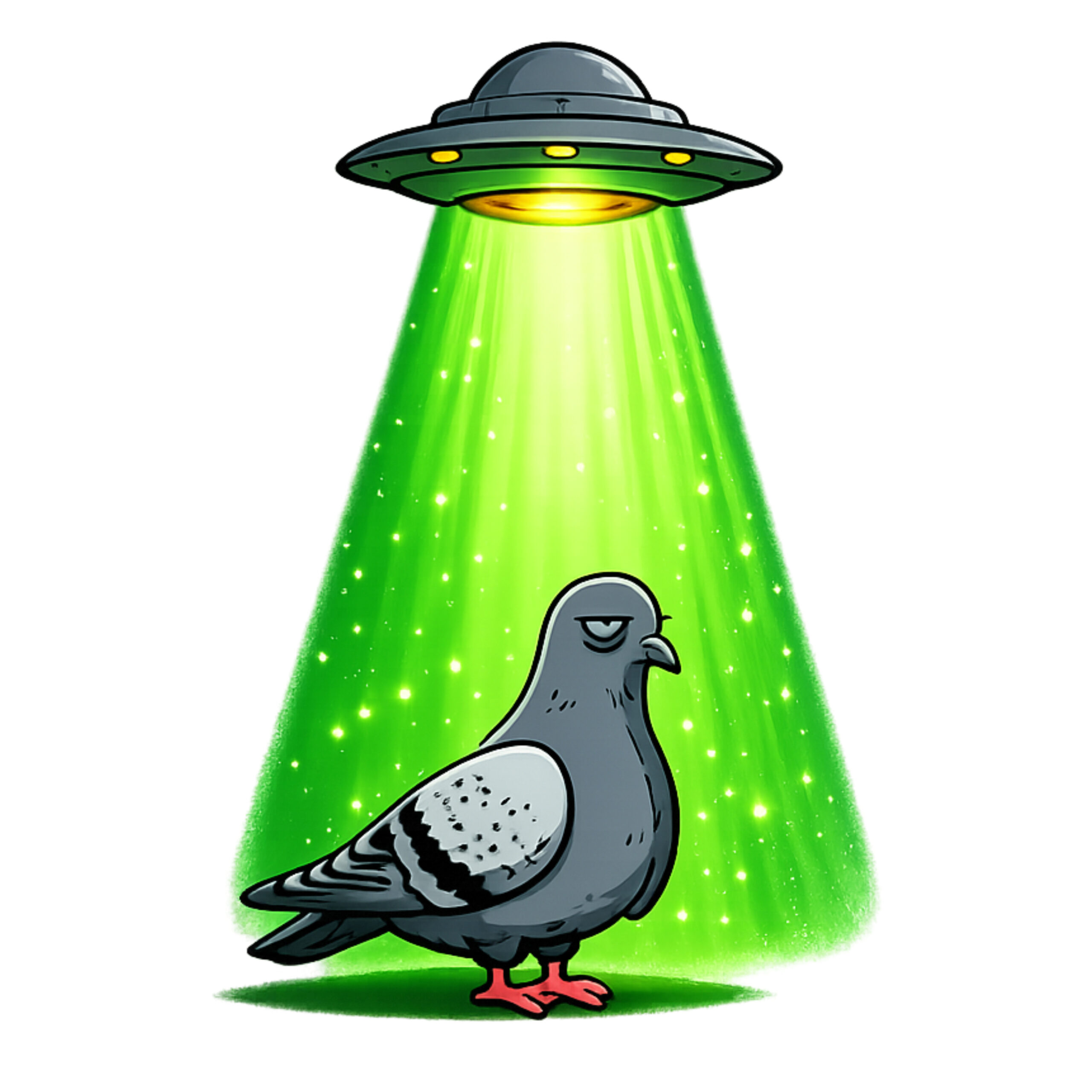 Cartoon grey pigeon standing calmly under a bright green UFO abduction beam from a hovering flying saucer.