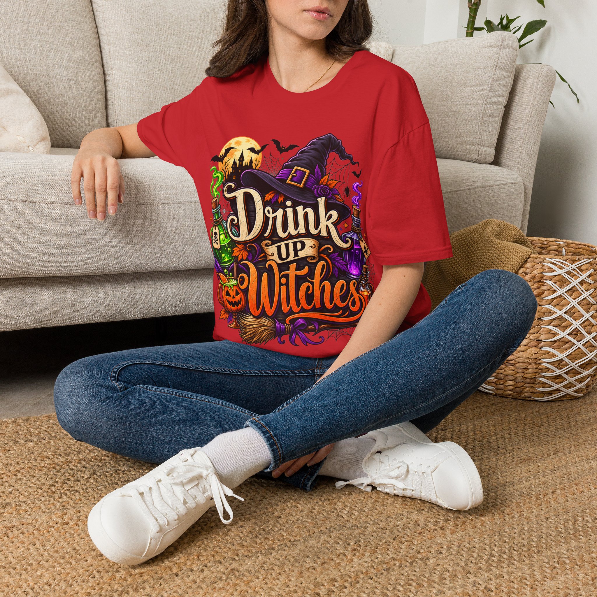 Drink Up Witches Halloween T‑Shirt worn as spooky autumn outfit