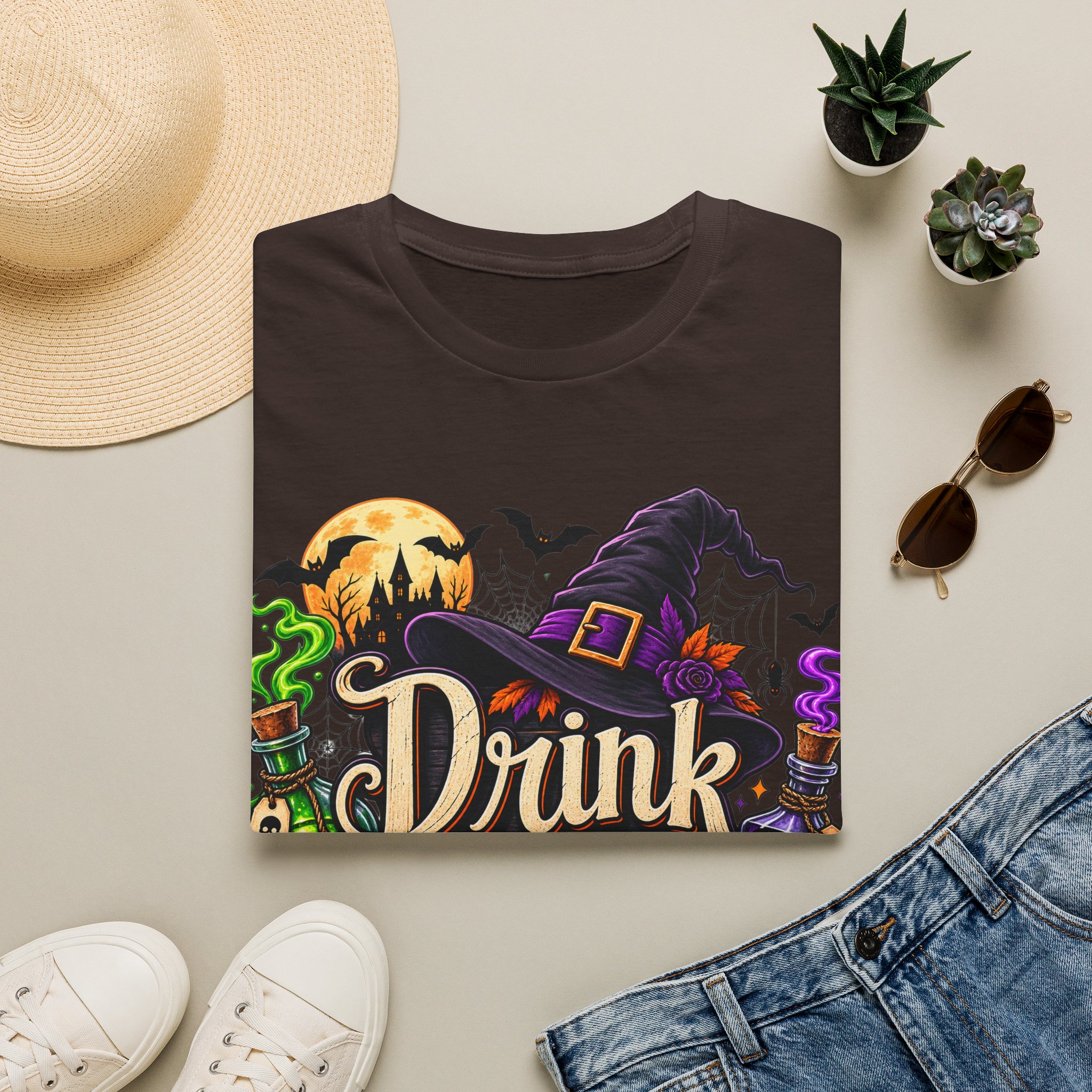 Close‑up of Drink Up Witches Halloween design with witch hat and cauldron