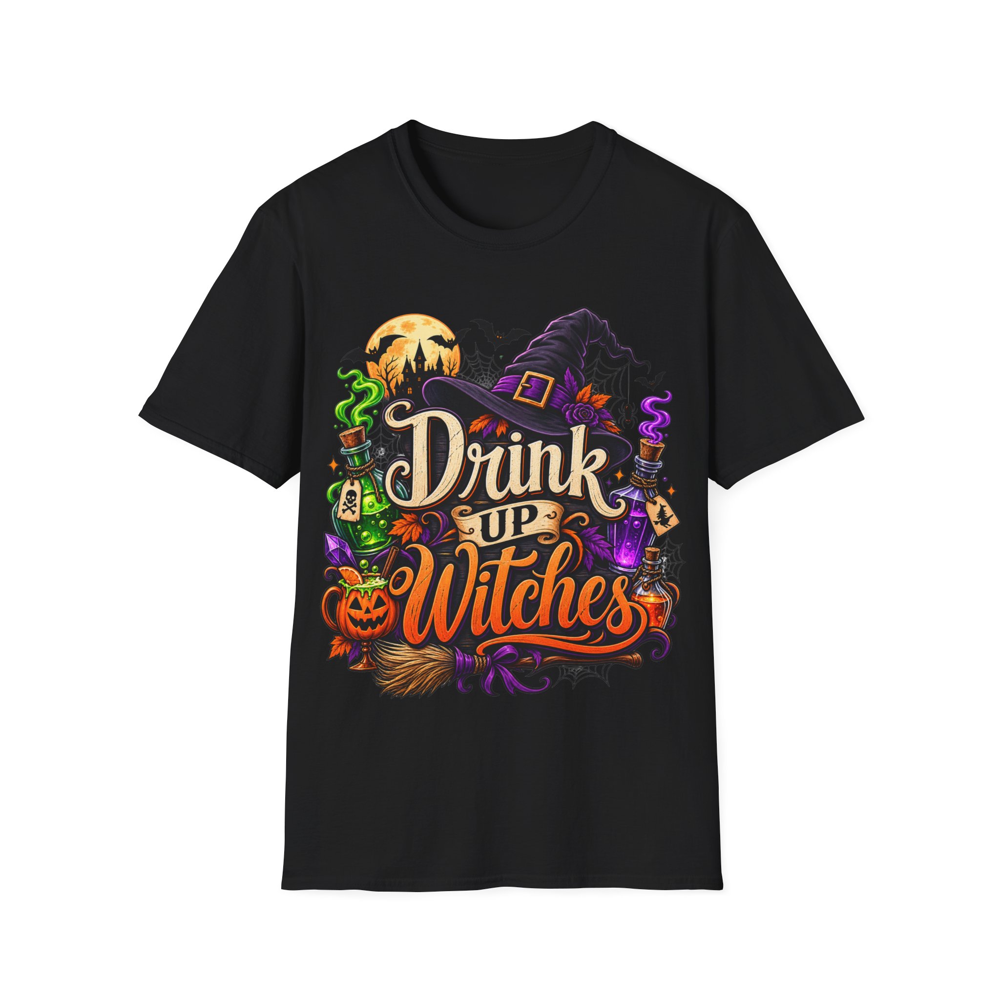 Close‑up of Drink Up Witches Halloween design with witch hat and cauldron