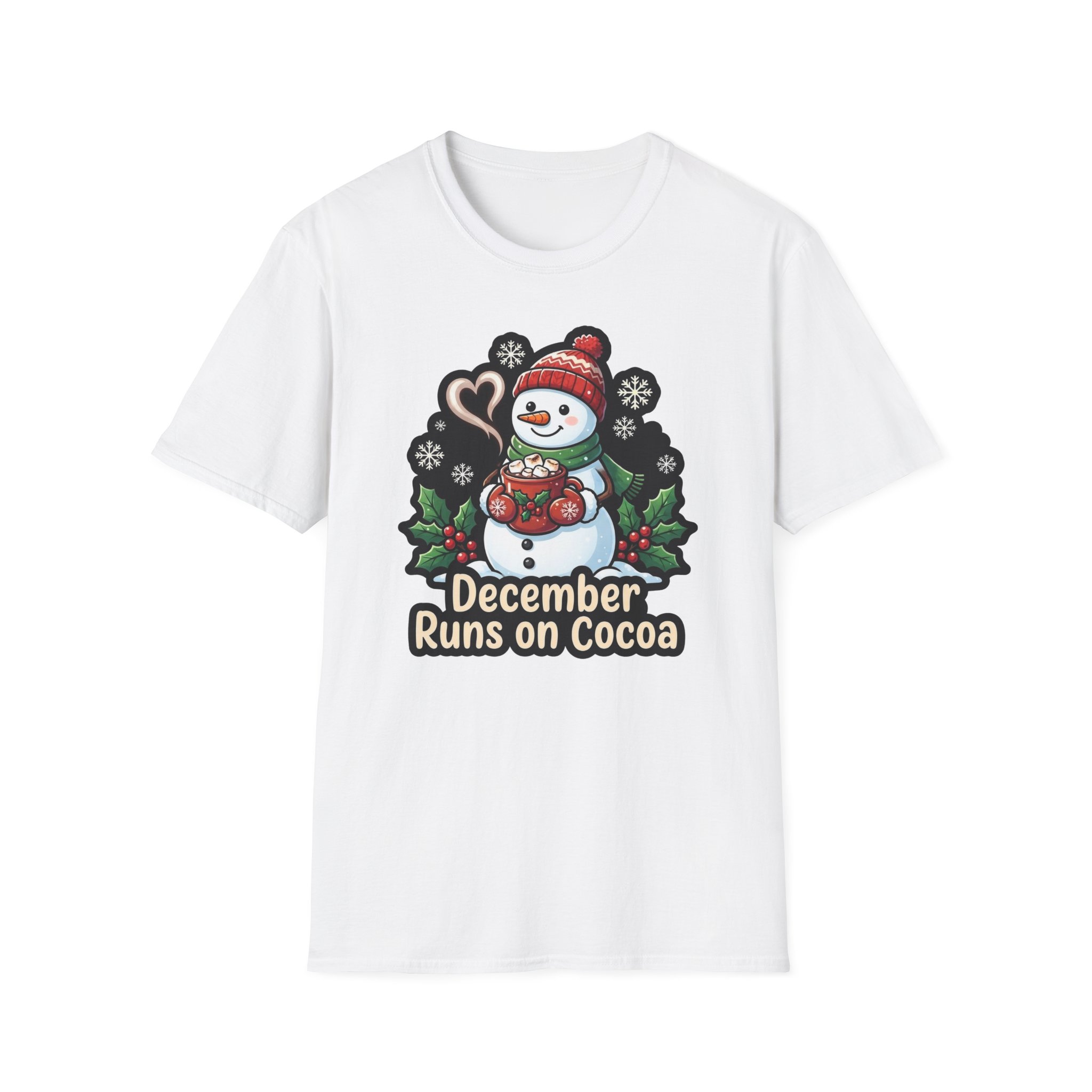Front view of Christmas Snowman T‑shirt featuring the “December Runs on Cocoa” design