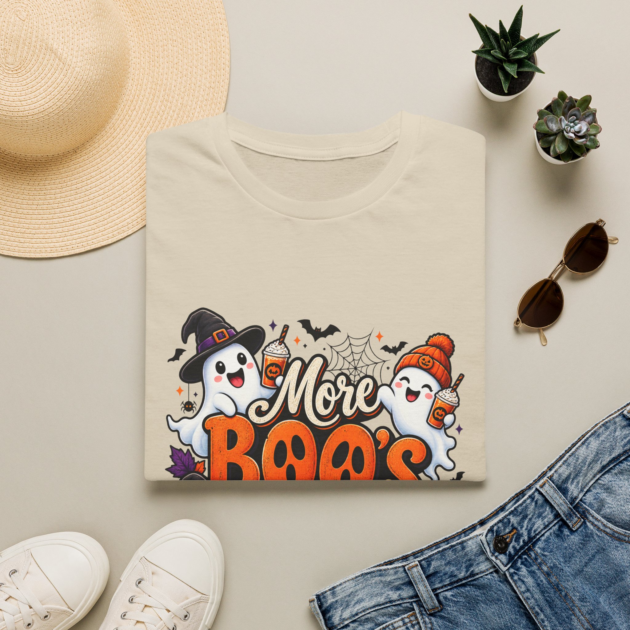 More Boos Please Halloween T Shirt print detail – ghosts and pumpkin graphic