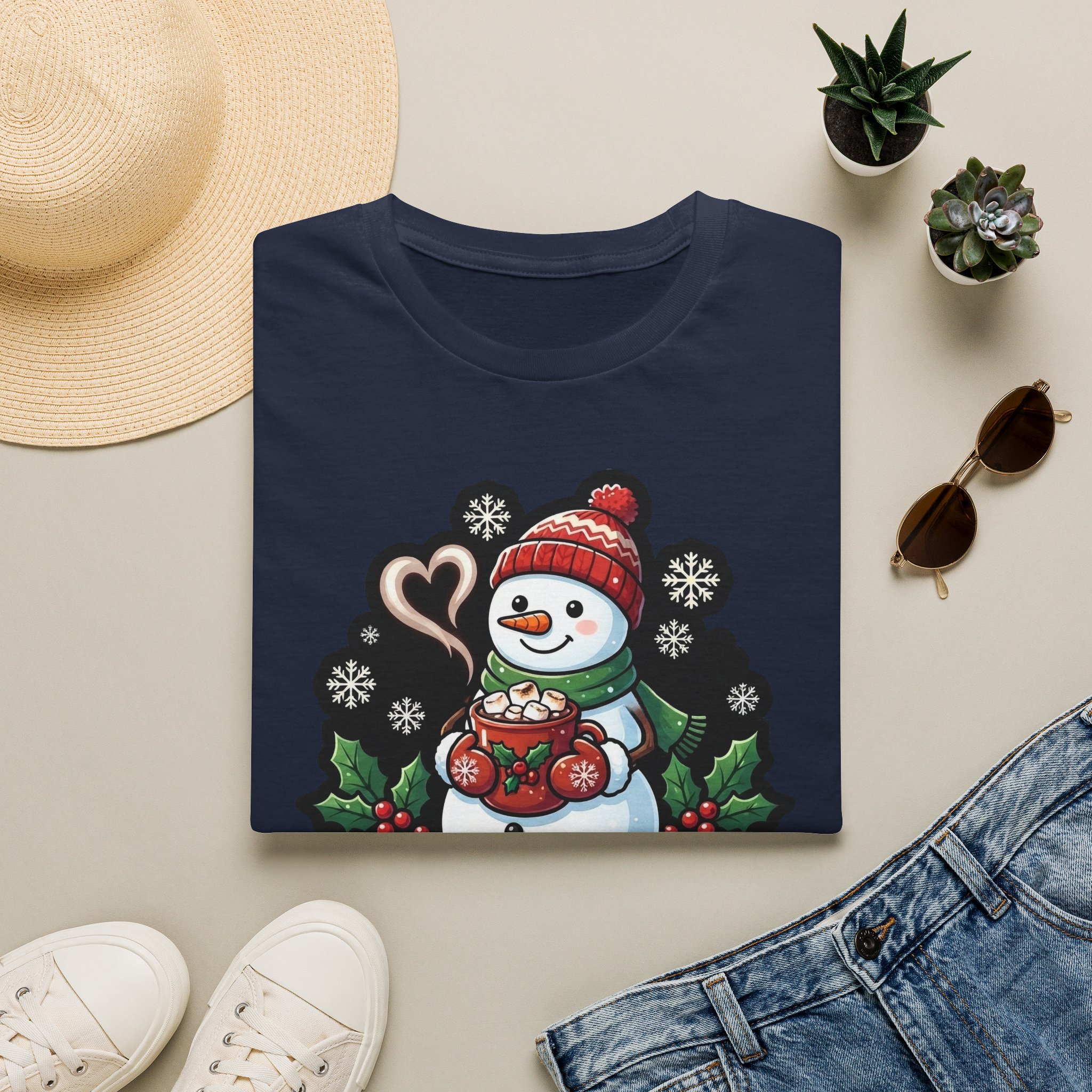 Flat lay of Christmas Snowman T‑shirt showing the holiday snowman print