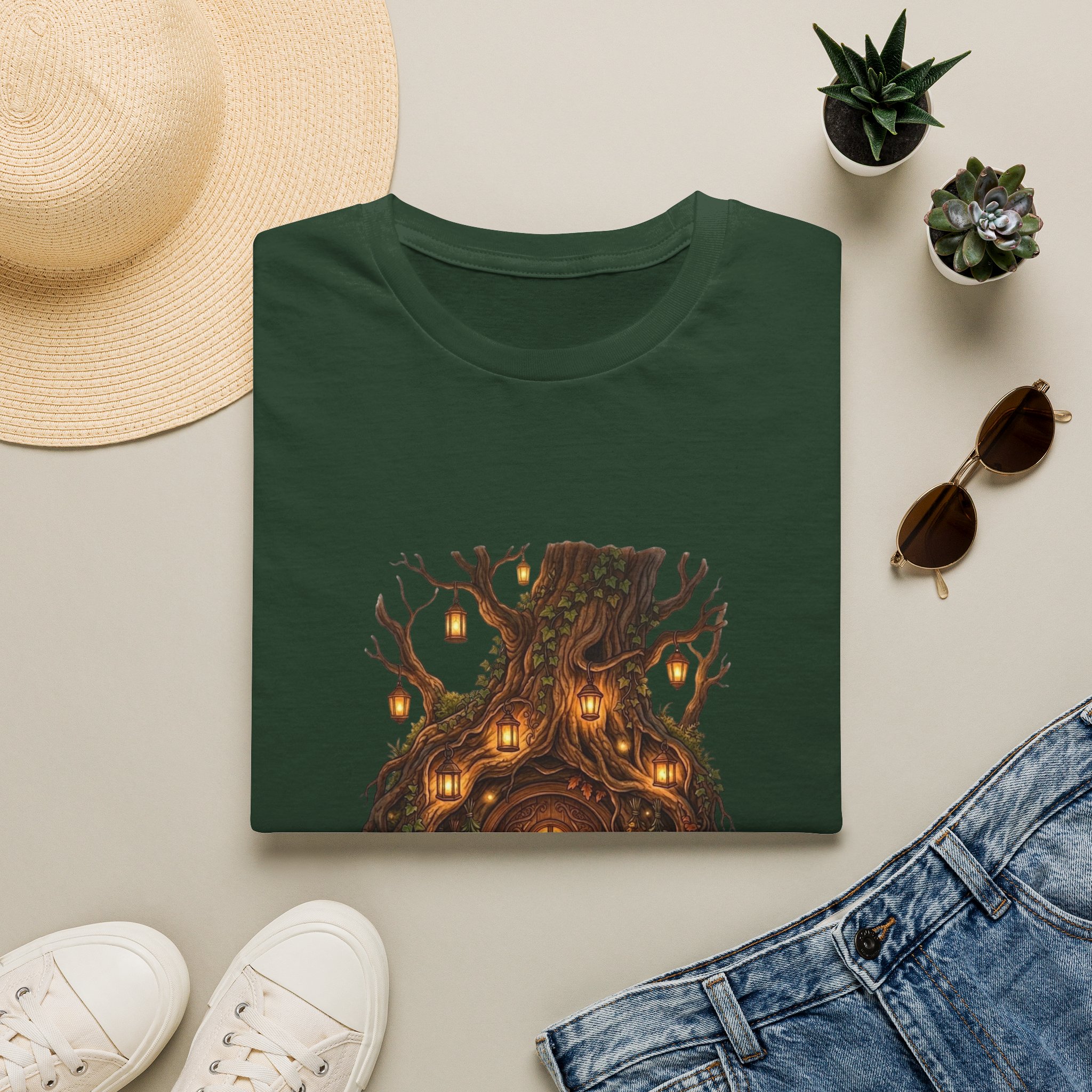Woodland fantasy t‑shirt showing glowing treehouse illustration