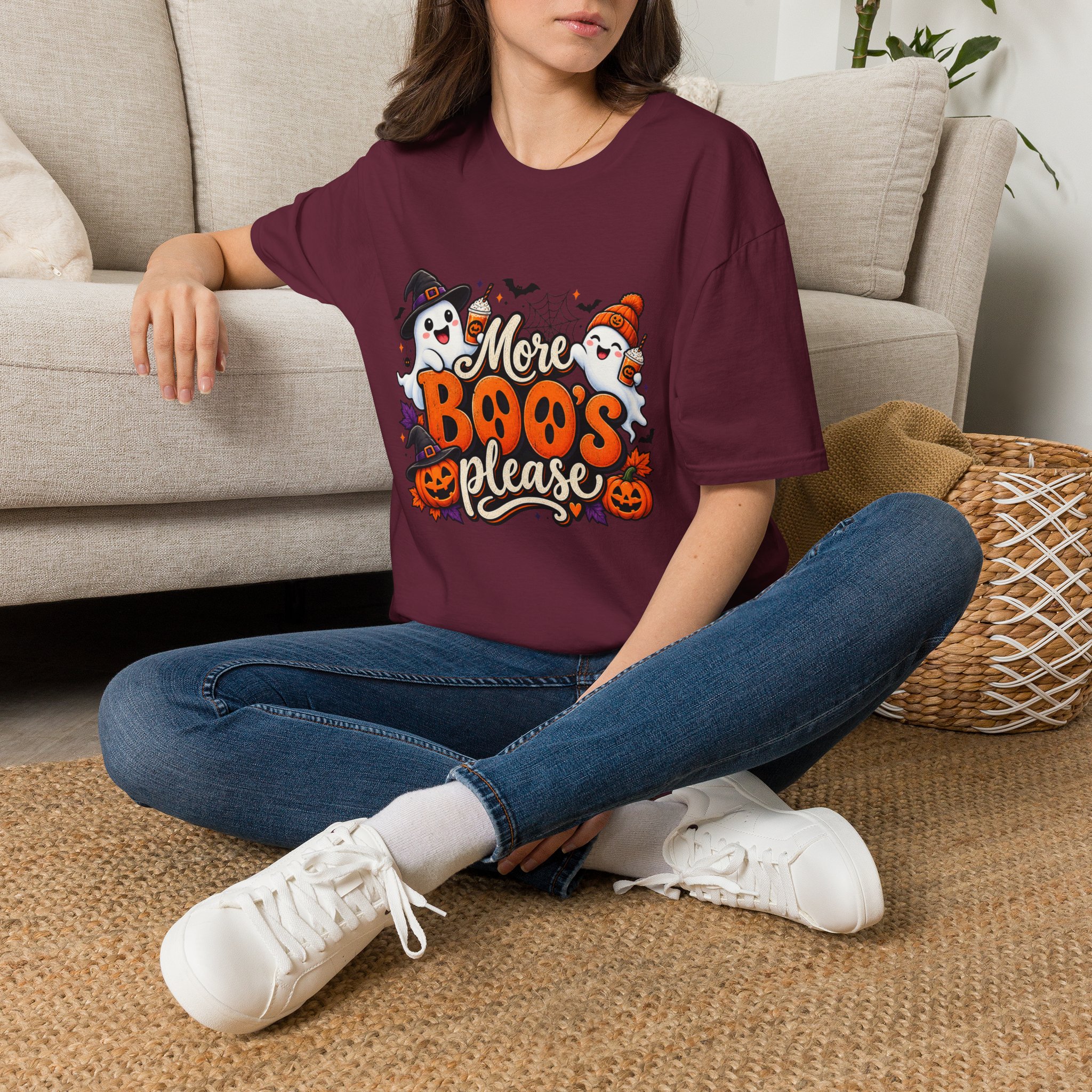 More Boos Please Halloween T Shirt print detail – ghosts and pumpkin graphic