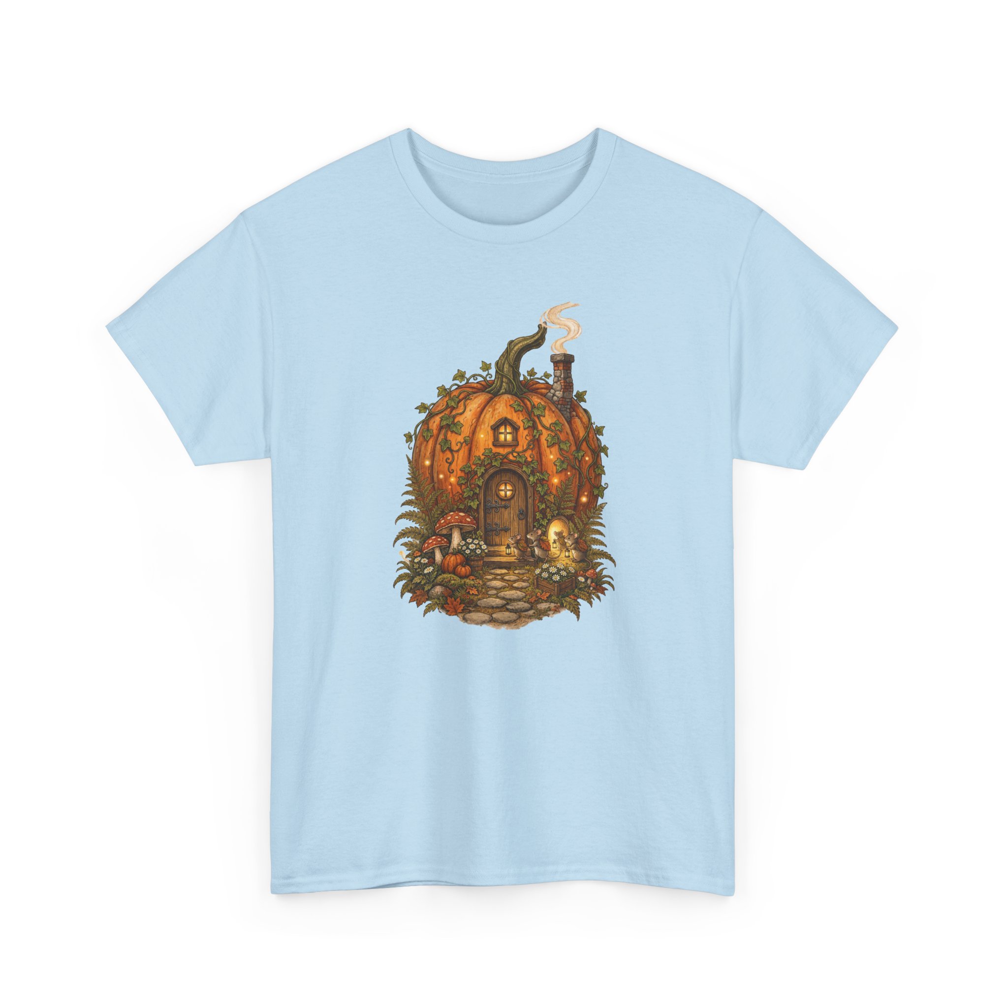 Full Pumpkin Cottage Halloween design printed on a soft cotton T‑shirt.