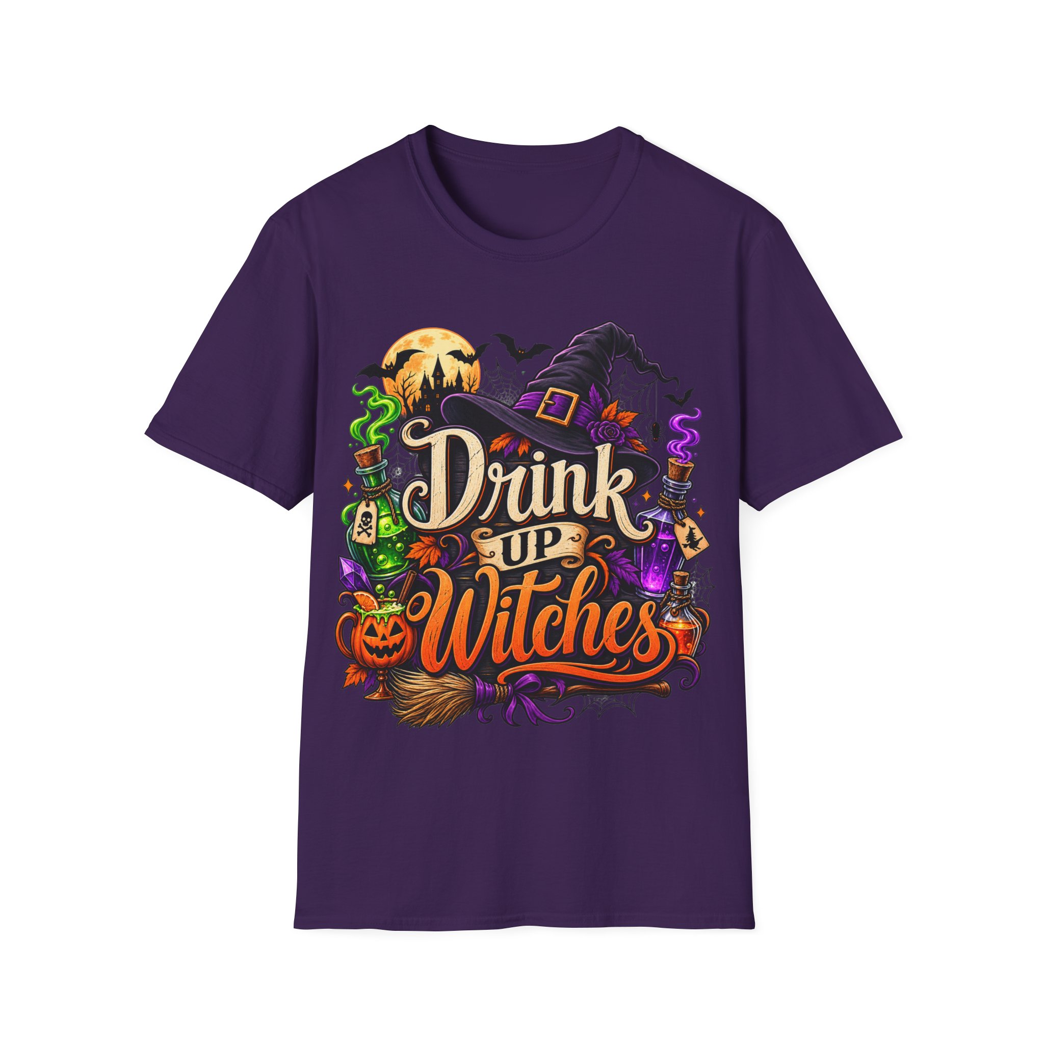 Close‑up of Drink Up Witches Halloween design with witch hat and cauldron