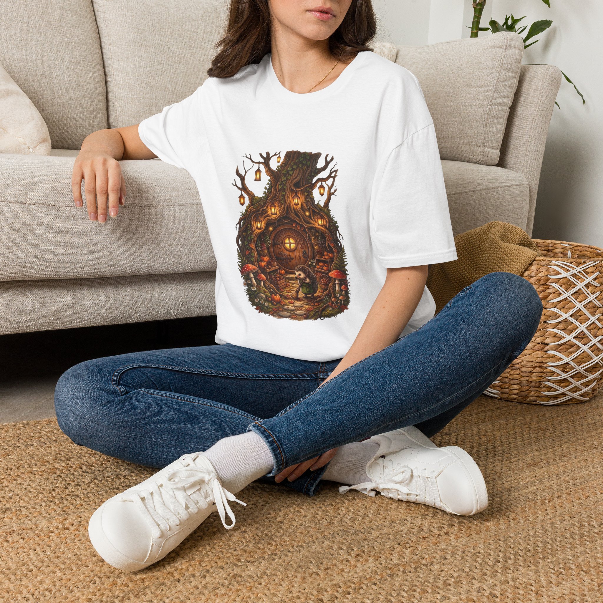 Fantasy treehouse t‑shirt featuring a lantern‑lit woodland scene