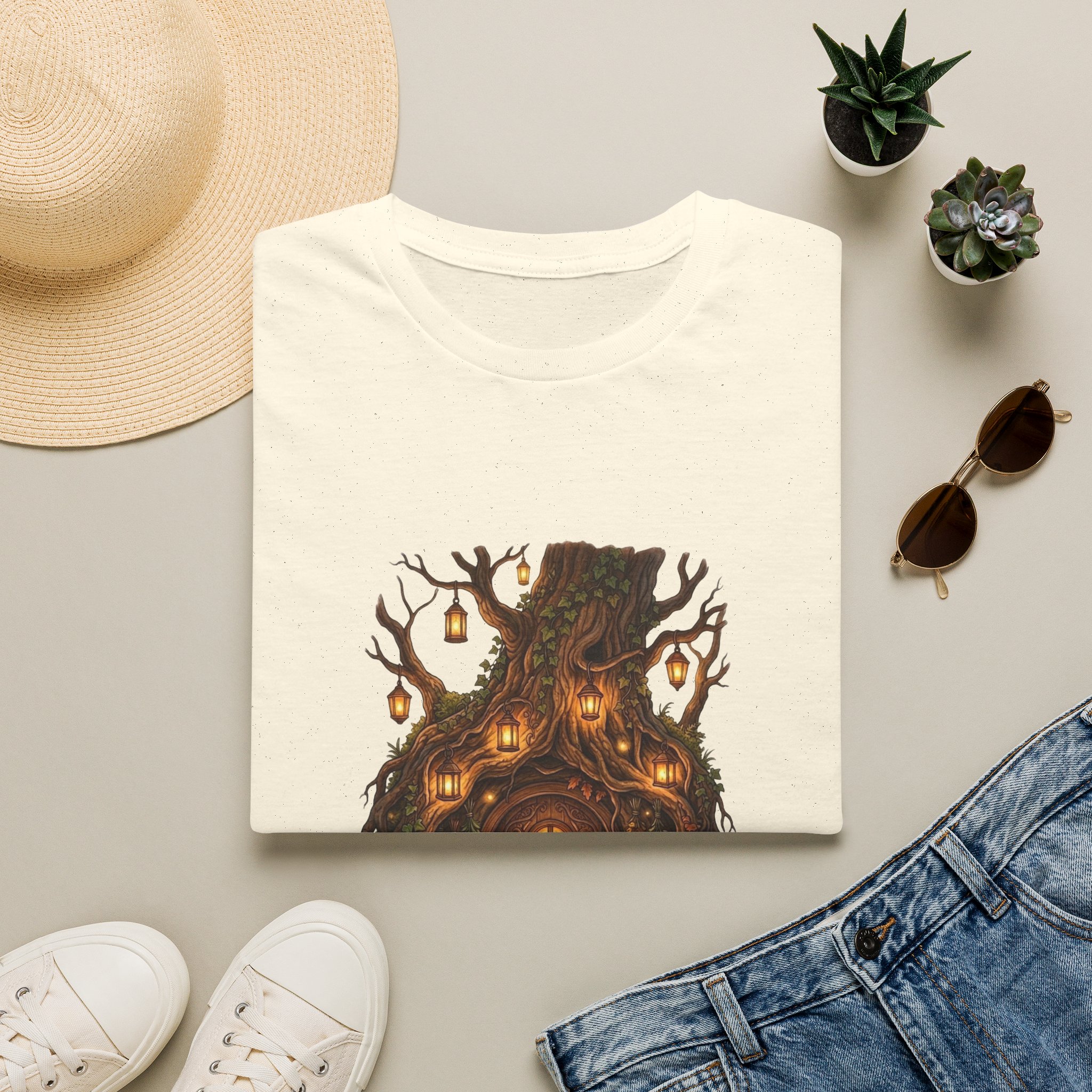 Woodland fantasy t‑shirt showing glowing treehouse illustration