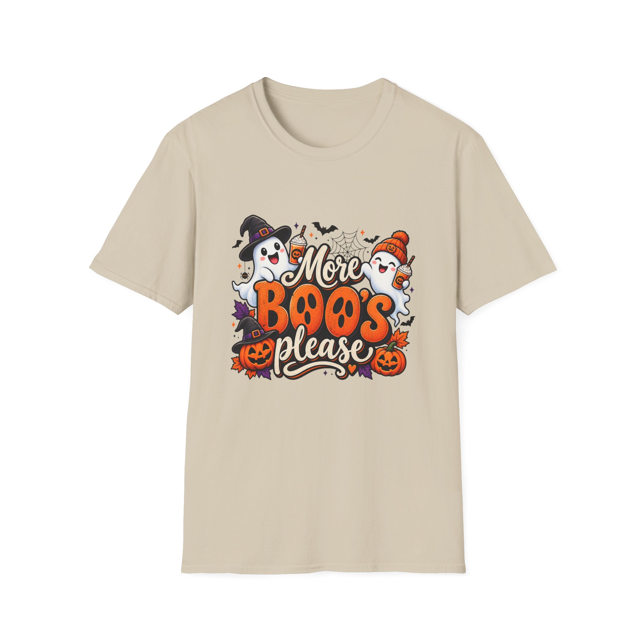 More Boos Please Halloween T Shirt print detail – ghosts and pumpkin graphic