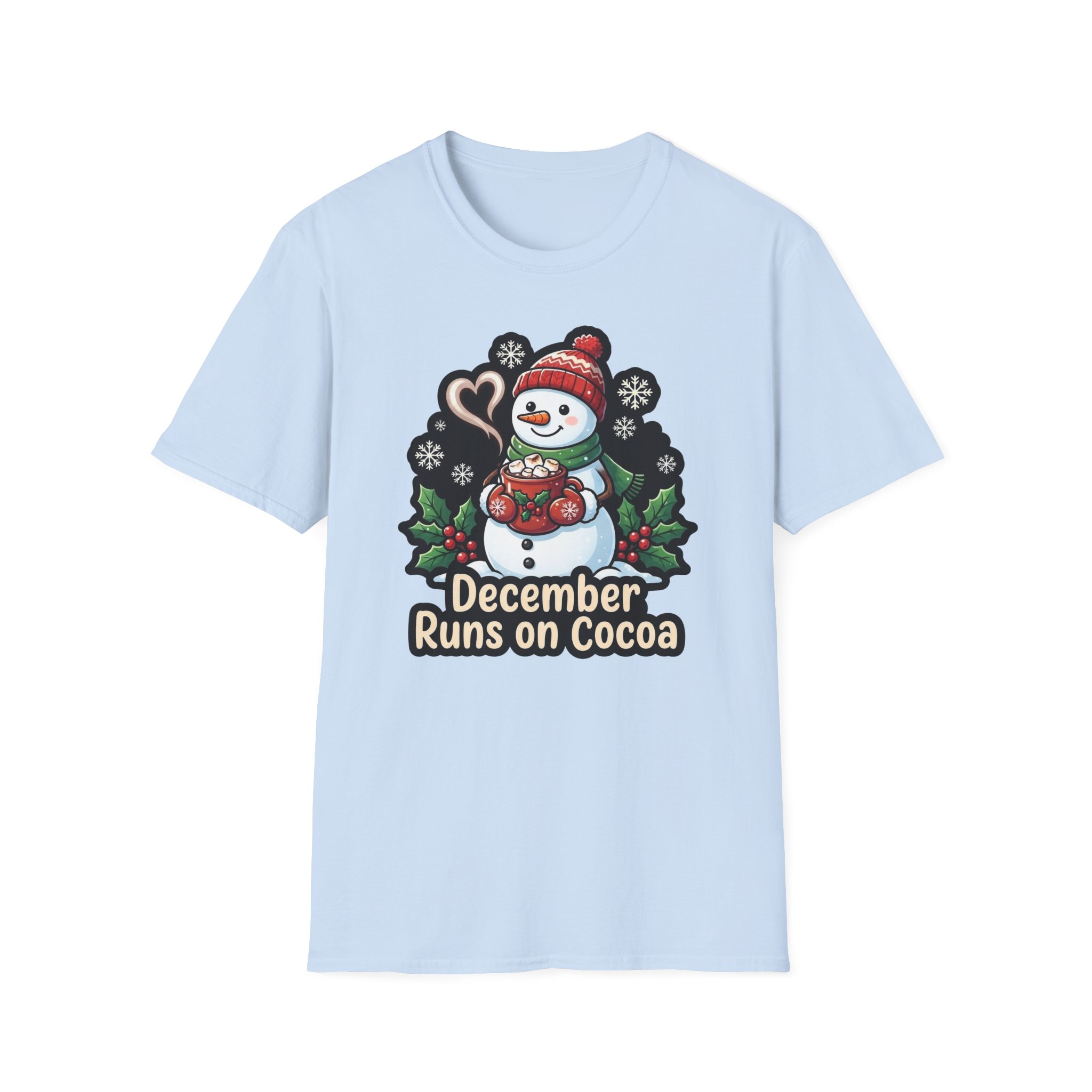 Front view of Christmas Snowman T‑shirt featuring the “December Runs on Cocoa” design