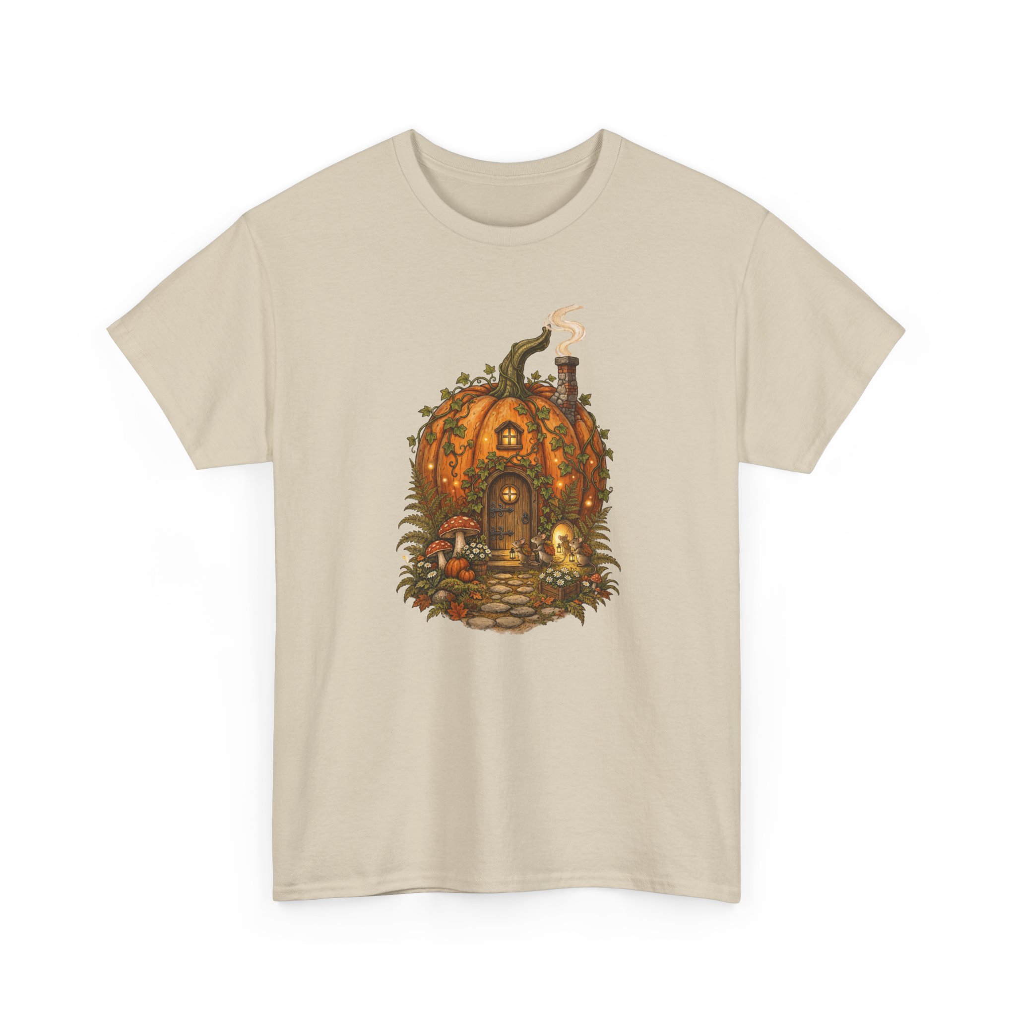 Full Pumpkin Cottage Halloween design printed on a soft cotton T‑shirt.