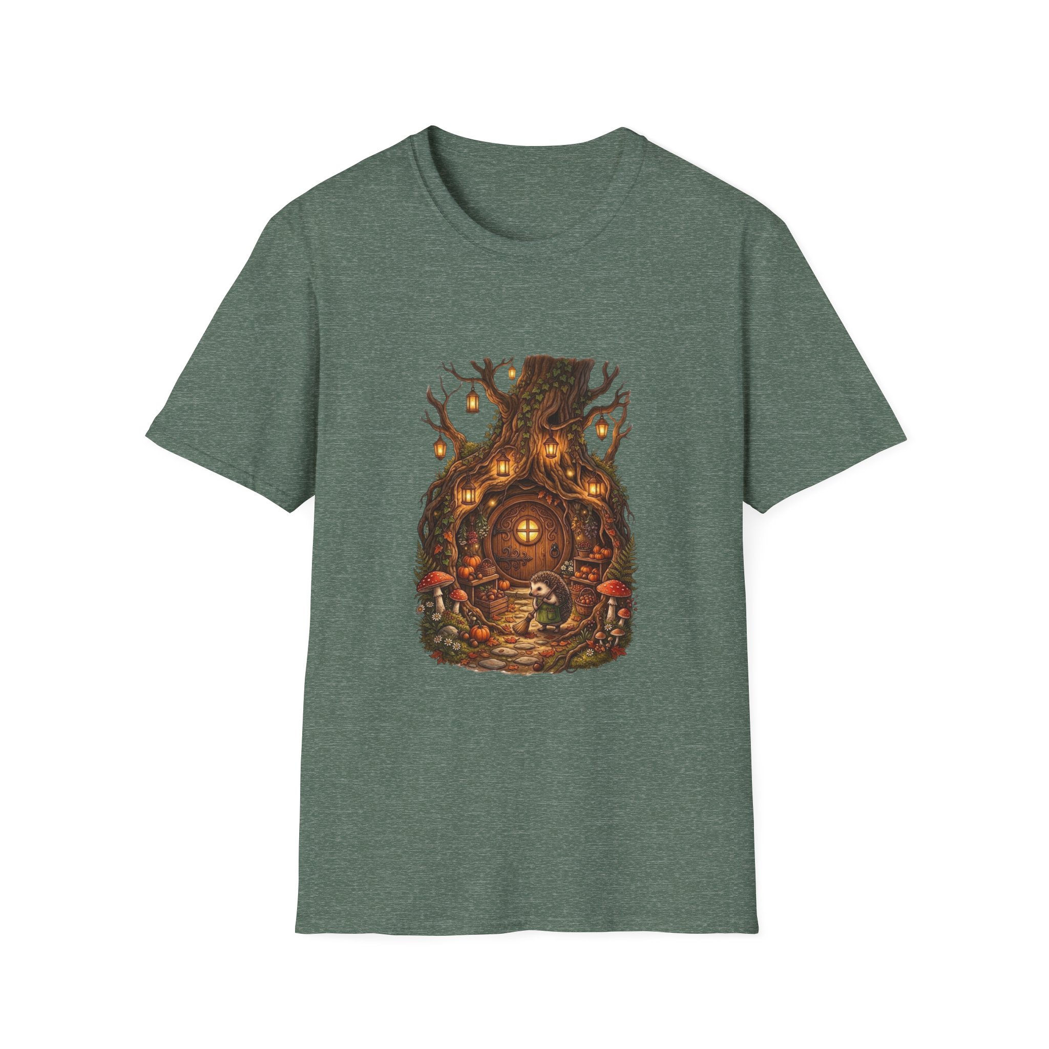 Woodland fantasy t‑shirt showing glowing treehouse illustration