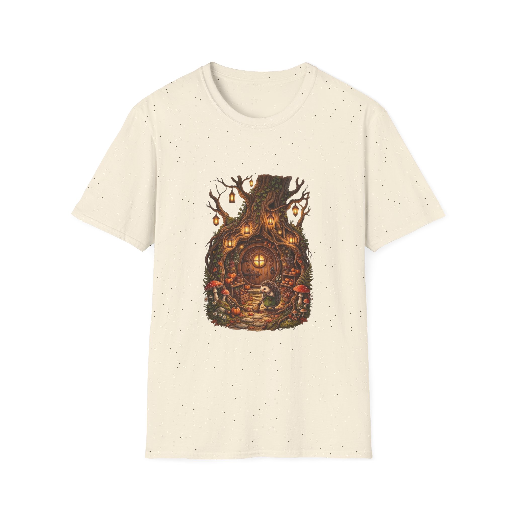 Woodland fantasy t‑shirt showing glowing treehouse illustration
