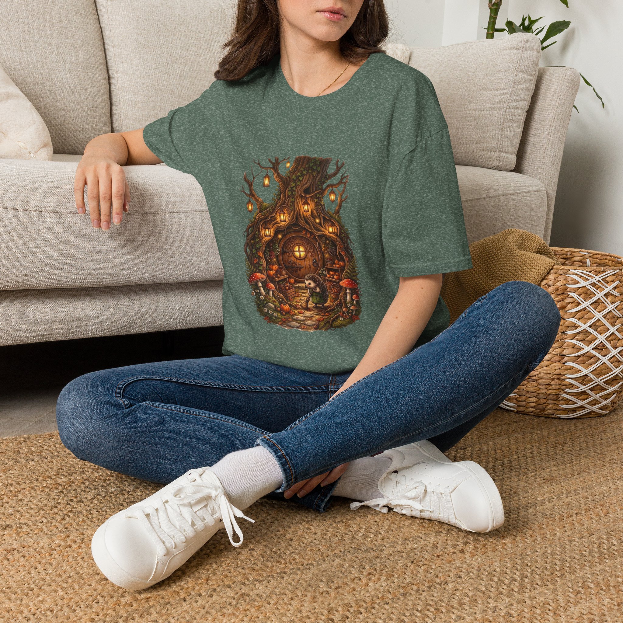Fantasy treehouse t‑shirt featuring a lantern‑lit woodland scene