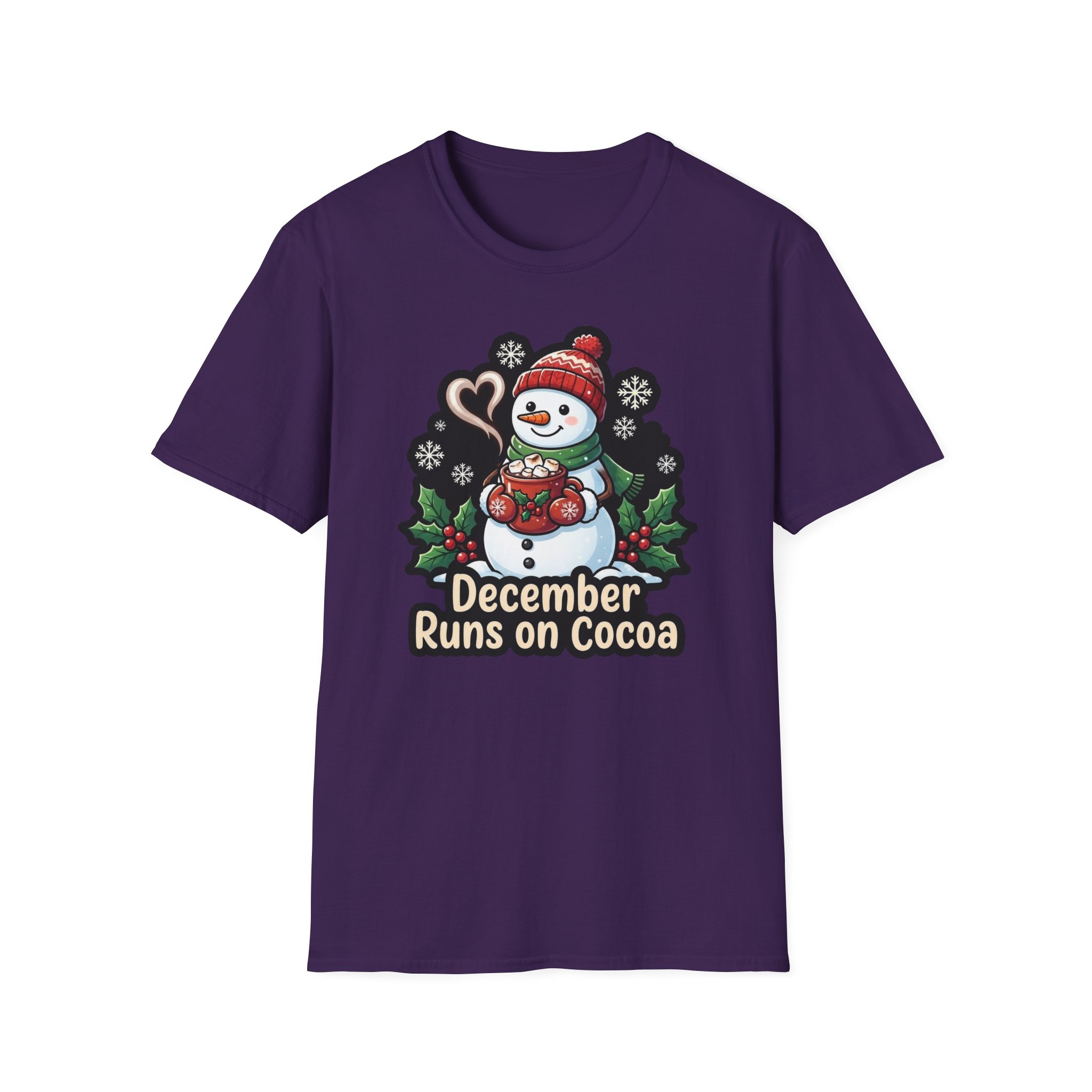 Front view of Christmas Snowman T‑shirt featuring the “December Runs on Cocoa” design