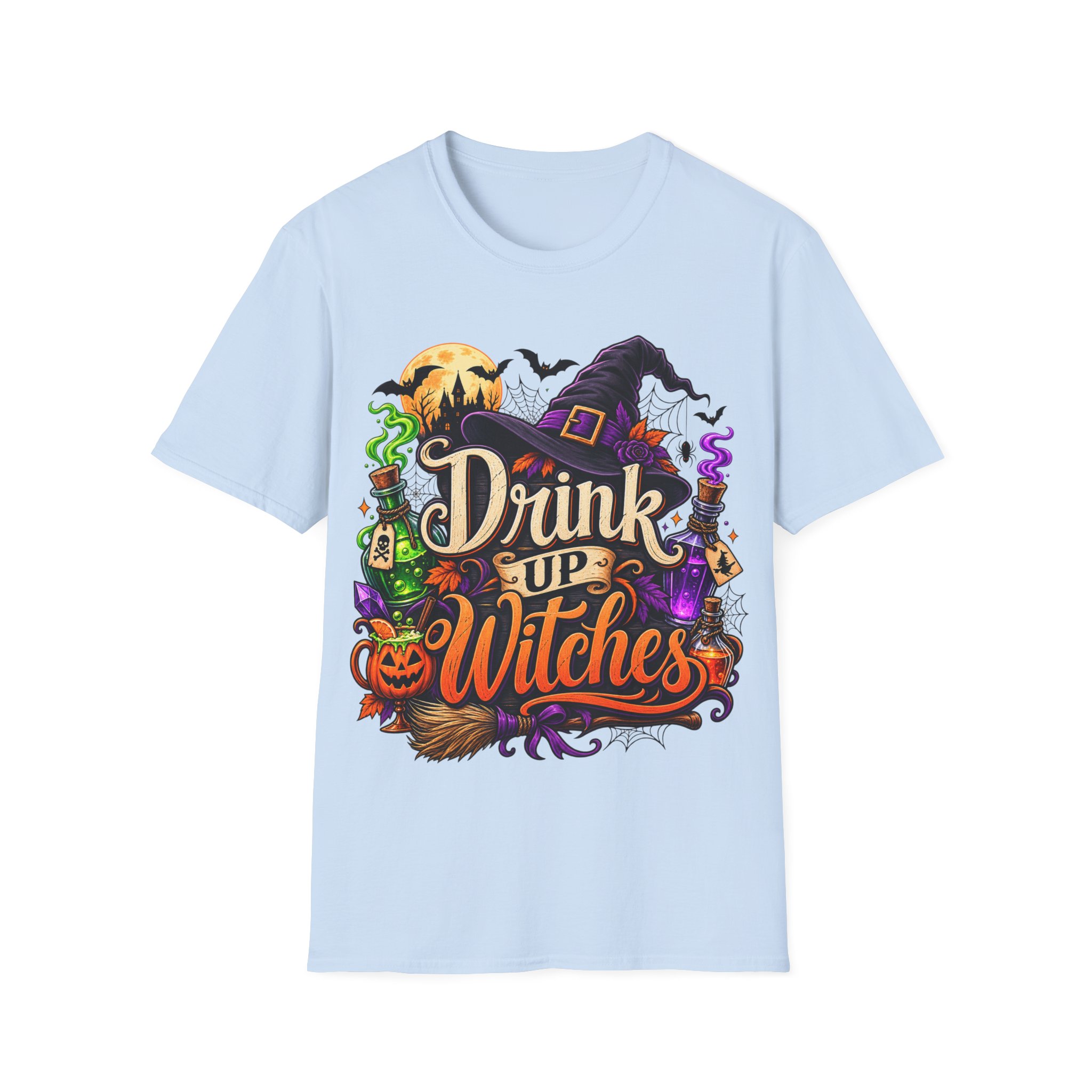 Close‑up of Drink Up Witches Halloween design with witch hat and cauldron