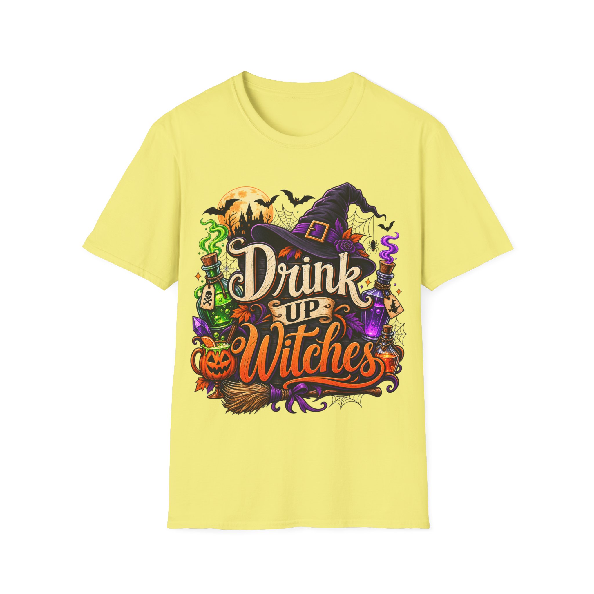 Close‑up of Drink Up Witches Halloween design with witch hat and cauldron