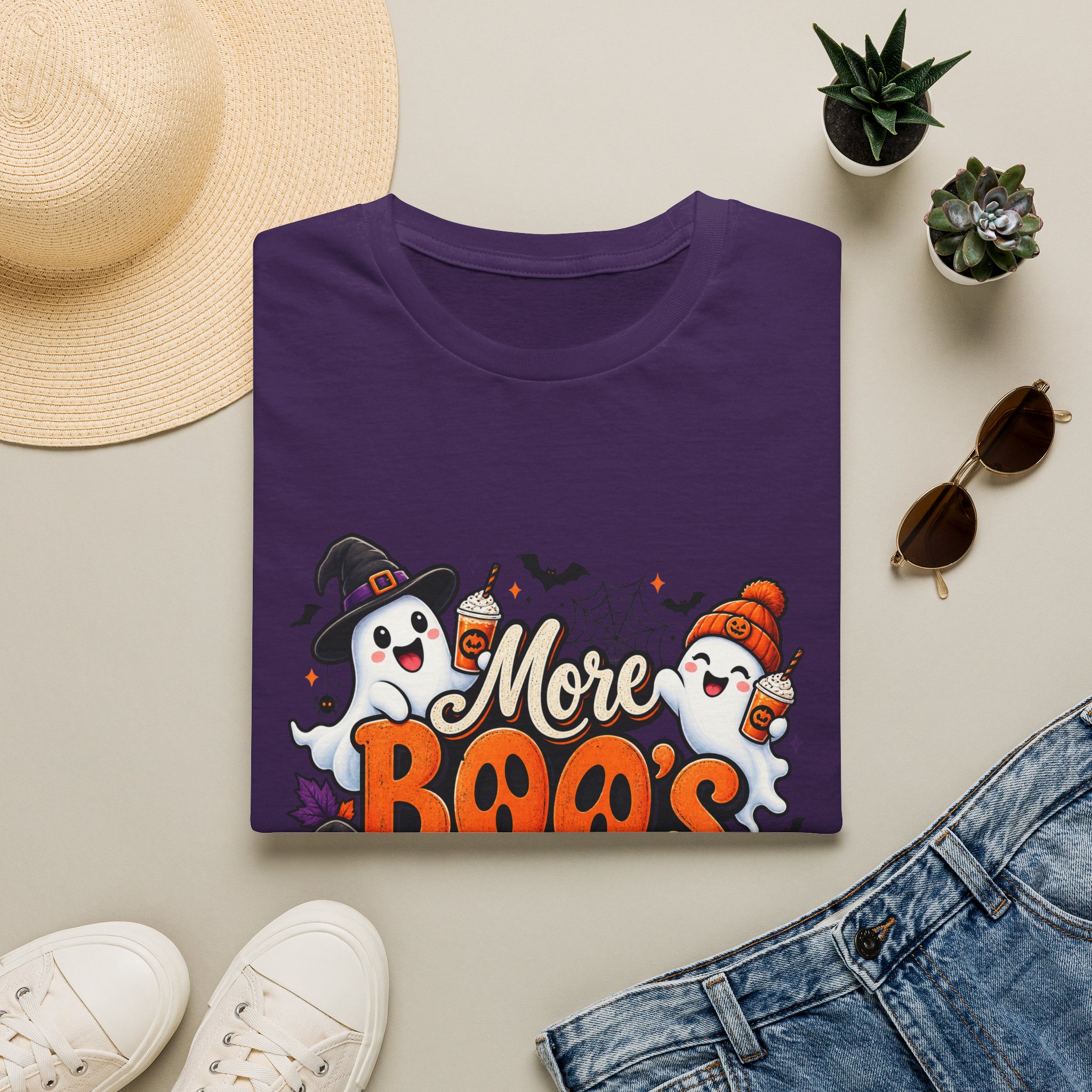 More Boos Please Halloween T Shirt print detail – ghosts and pumpkin graphic