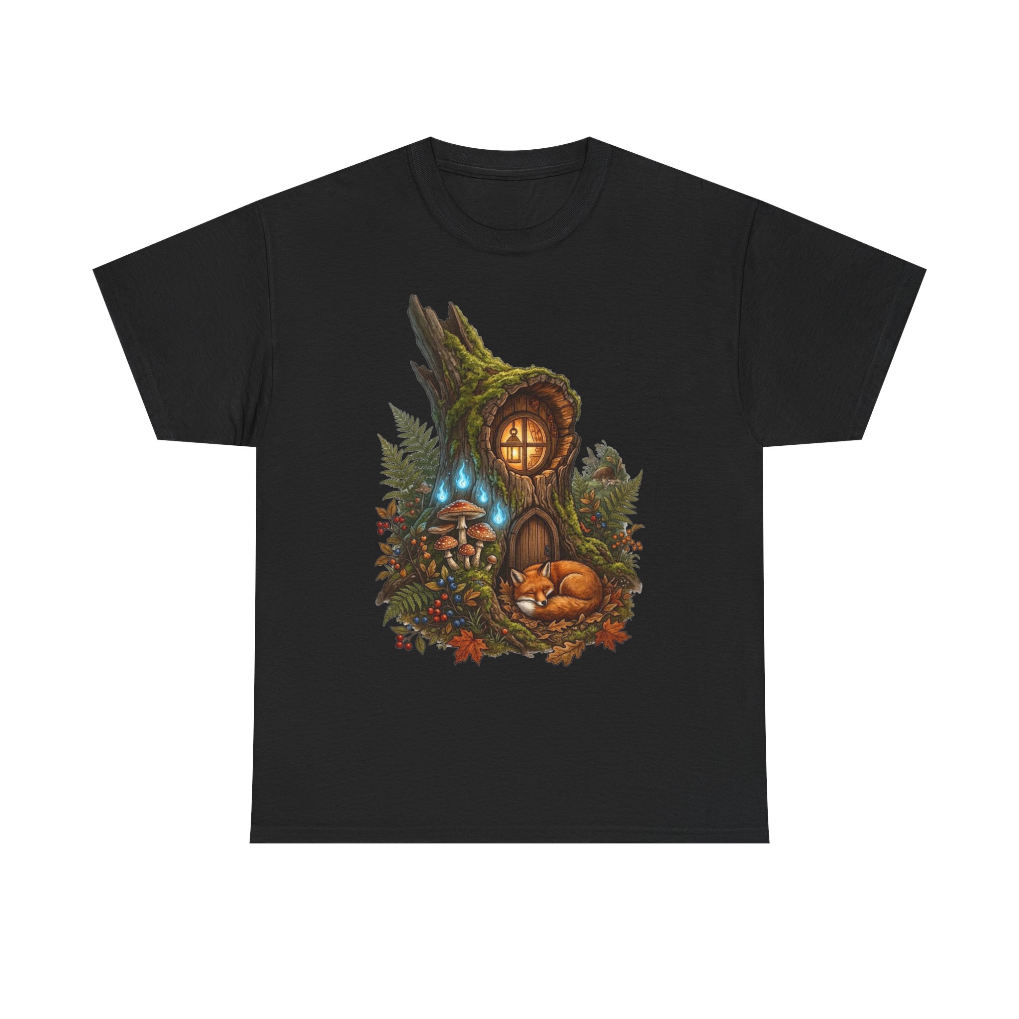 Woodland fairy home t‑shirt with cozy mushroom house illustration