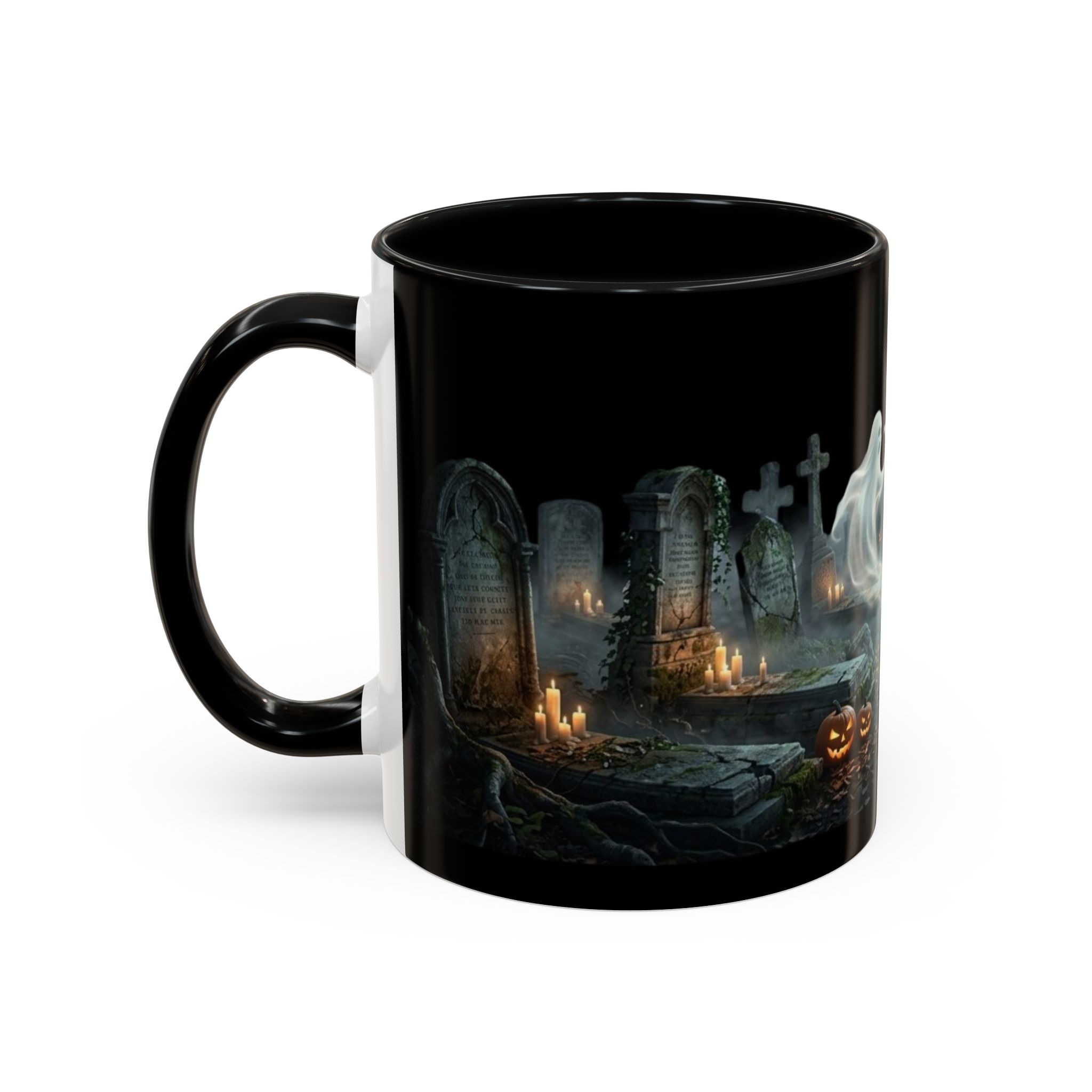 Side view of Halloween Ghosts coffee mug featuring spooky ghost artwork