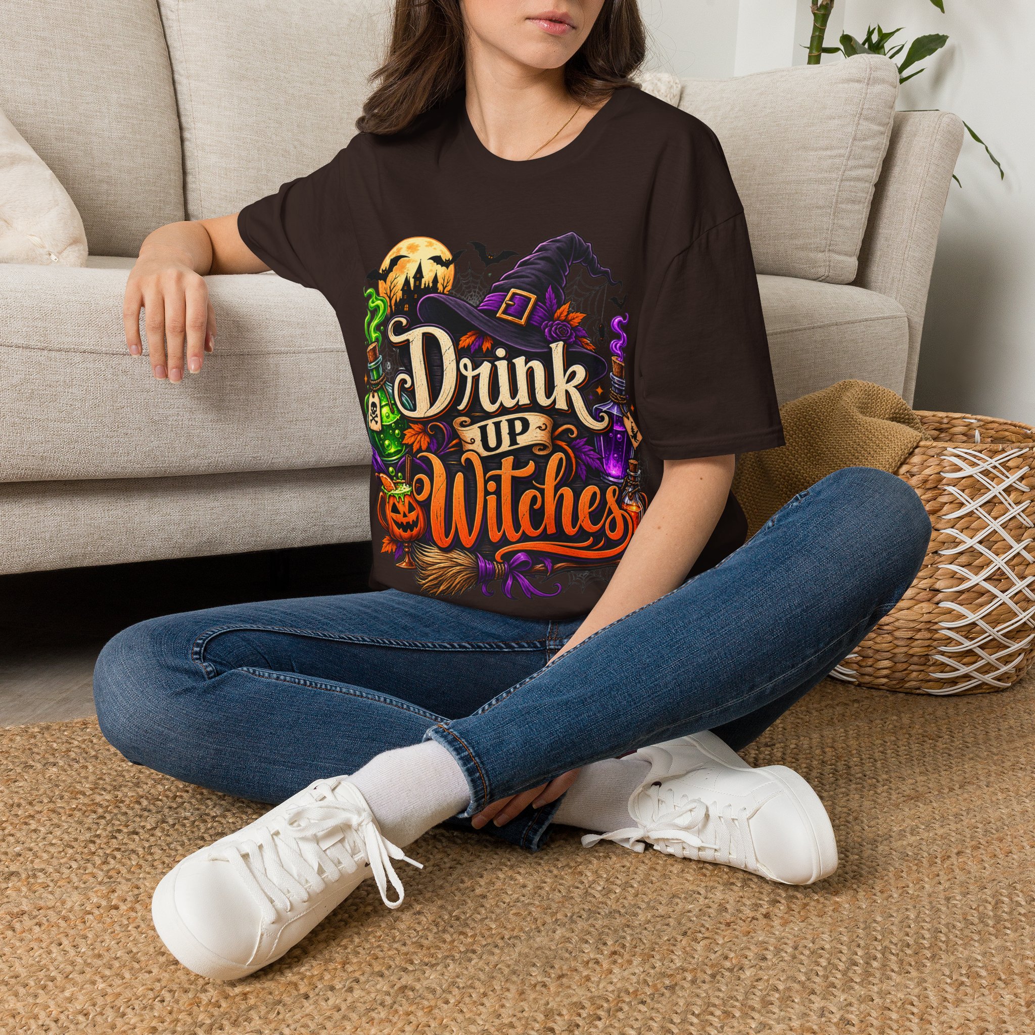 Drink Up Witches Halloween T‑Shirt worn as spooky autumn outfit