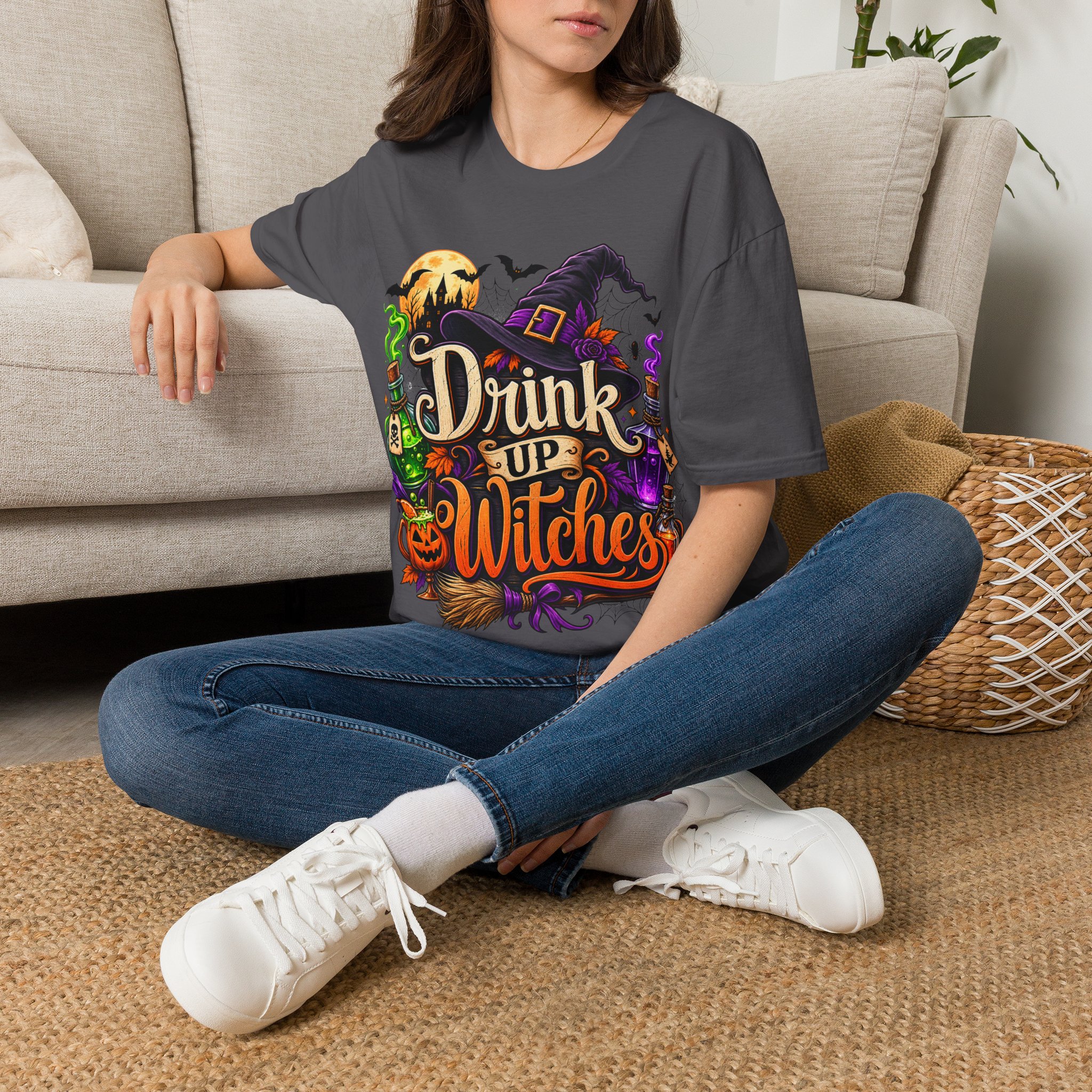 Drink Up Witches Halloween T‑Shirt worn as spooky autumn outfit
