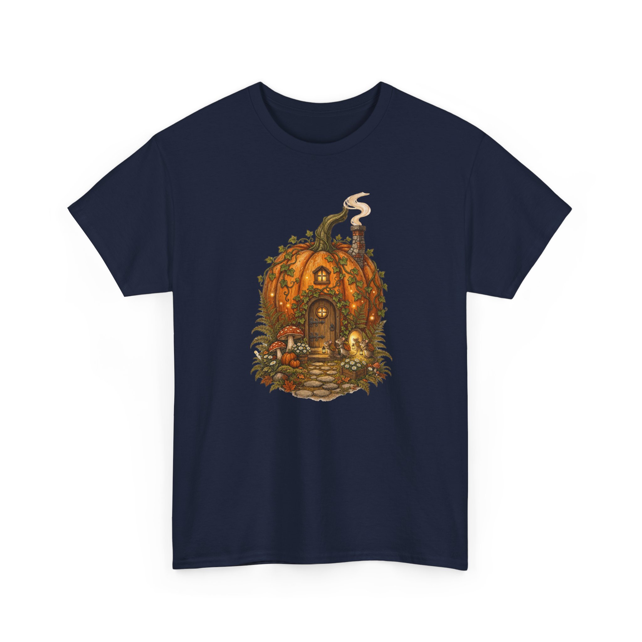 Full Pumpkin Cottage Halloween design printed on a soft cotton T‑shirt.