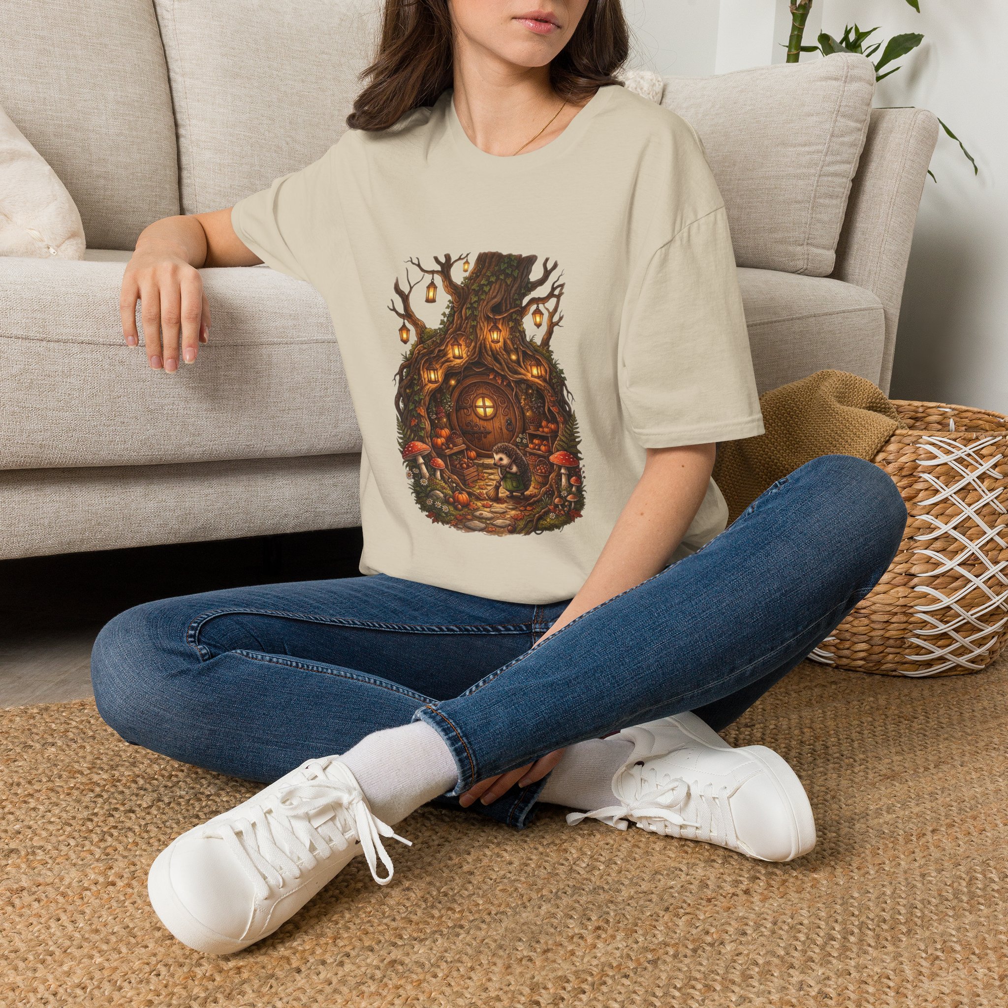 Fantasy treehouse t‑shirt featuring a lantern‑lit woodland scene
