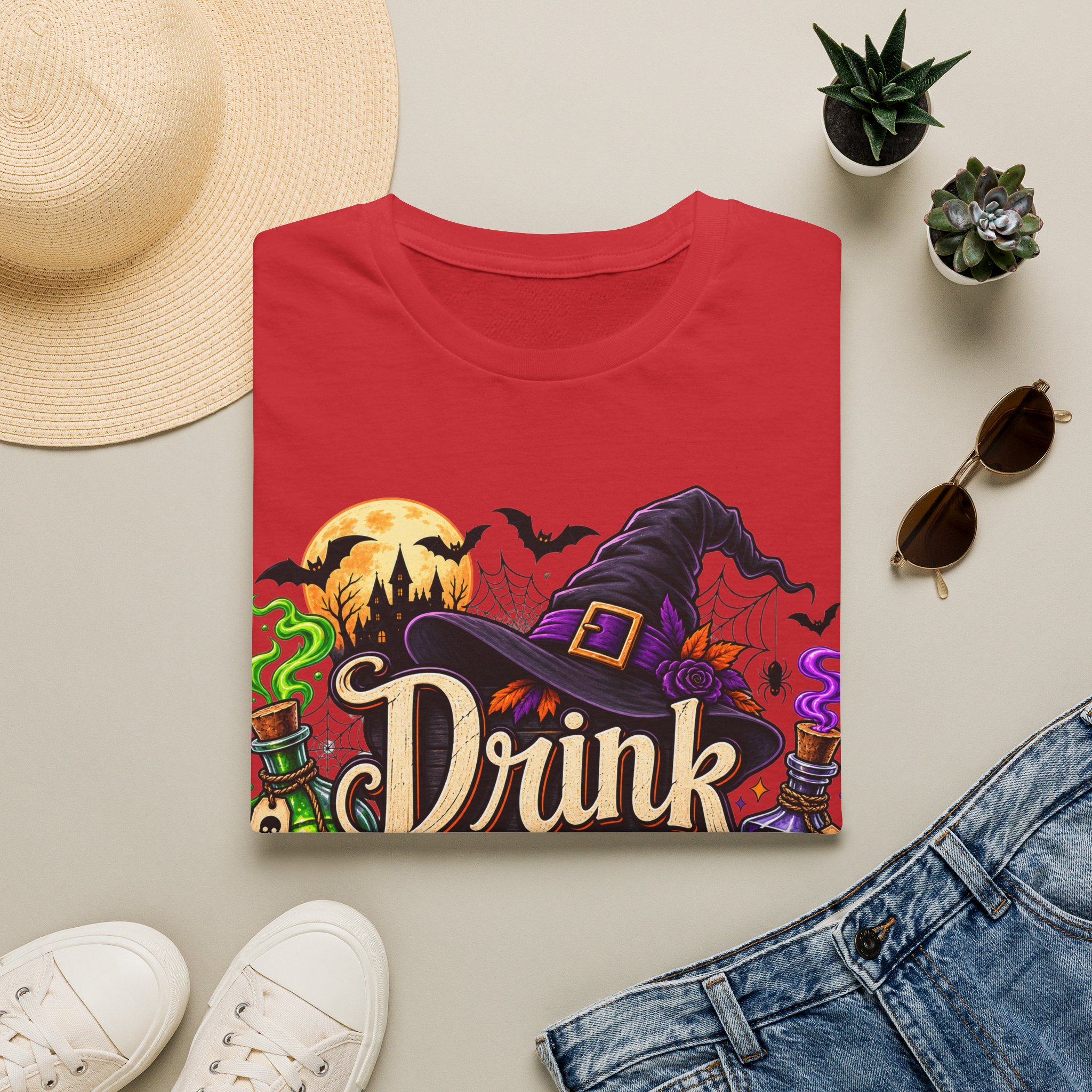 Close‑up of Drink Up Witches Halloween design with witch hat and cauldron