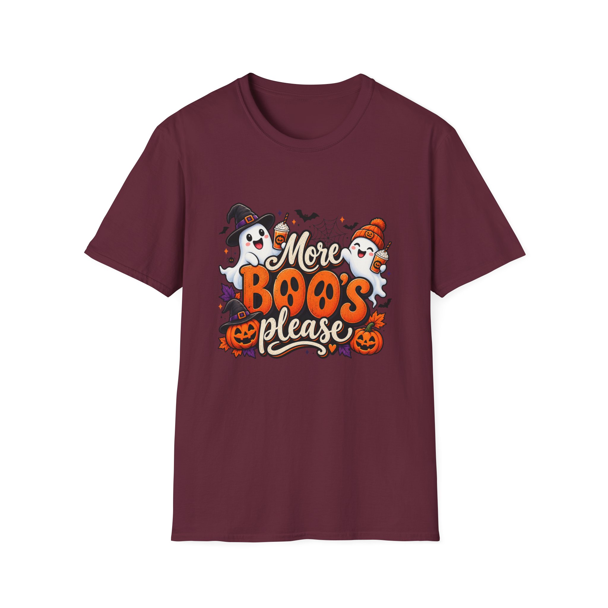 More Boos Please Halloween T Shirt print detail – ghosts and pumpkin graphic